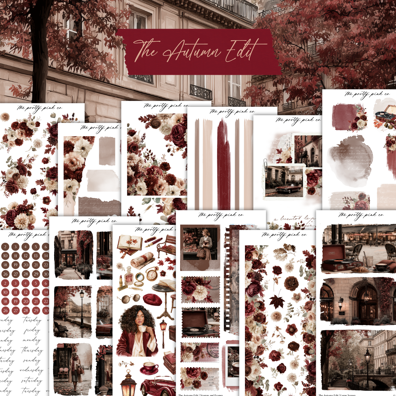 The image is a collage of various images, including floral patterns, architectural details, and people, all set against a backdrop of a building with red-tinted windows. The collage appears to be a collection of different elements, possibly used for design or artistic purposes.