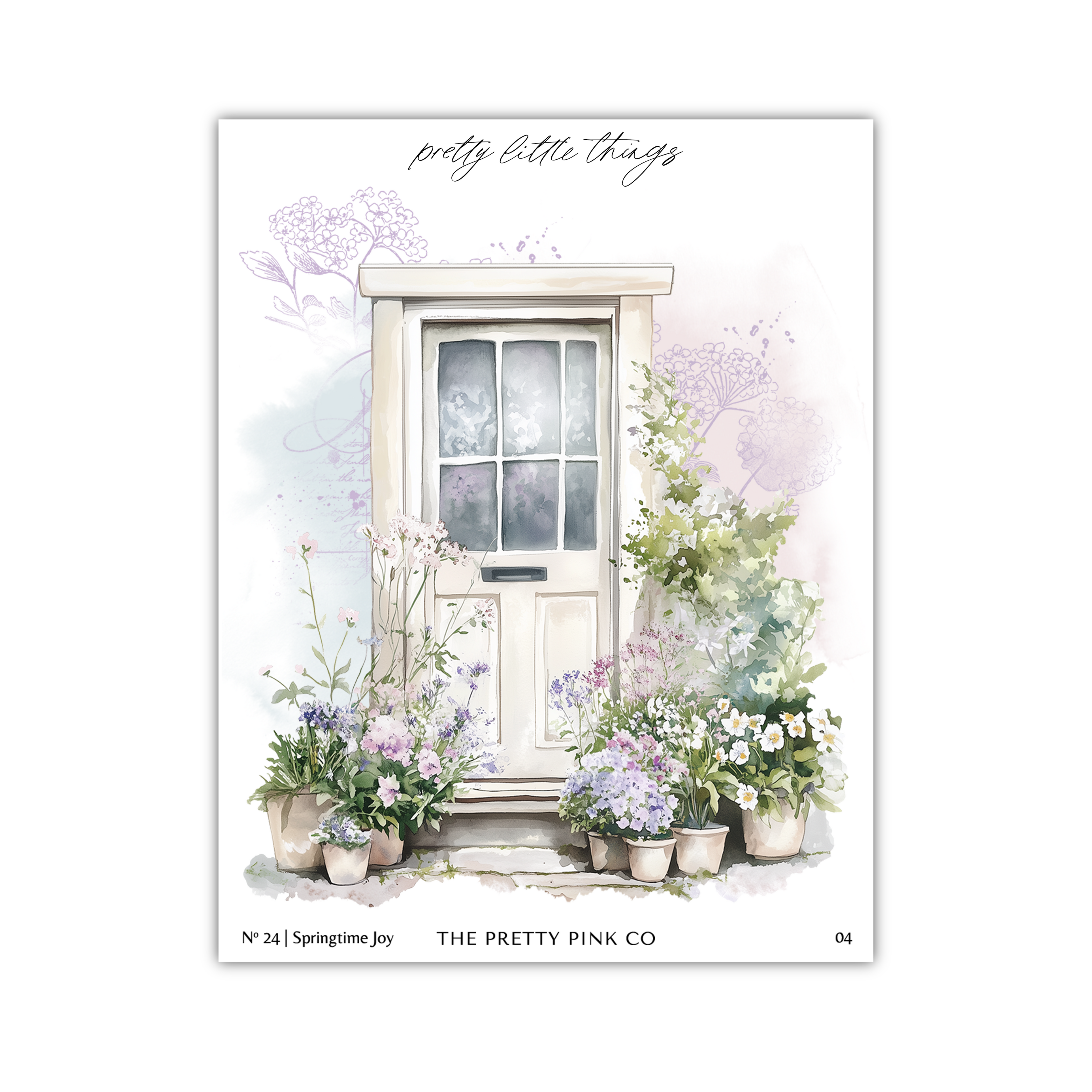 a charming white door with a window, surrounded by an array of potted plants and flowers, creating a serene and inviting atmosphere.
