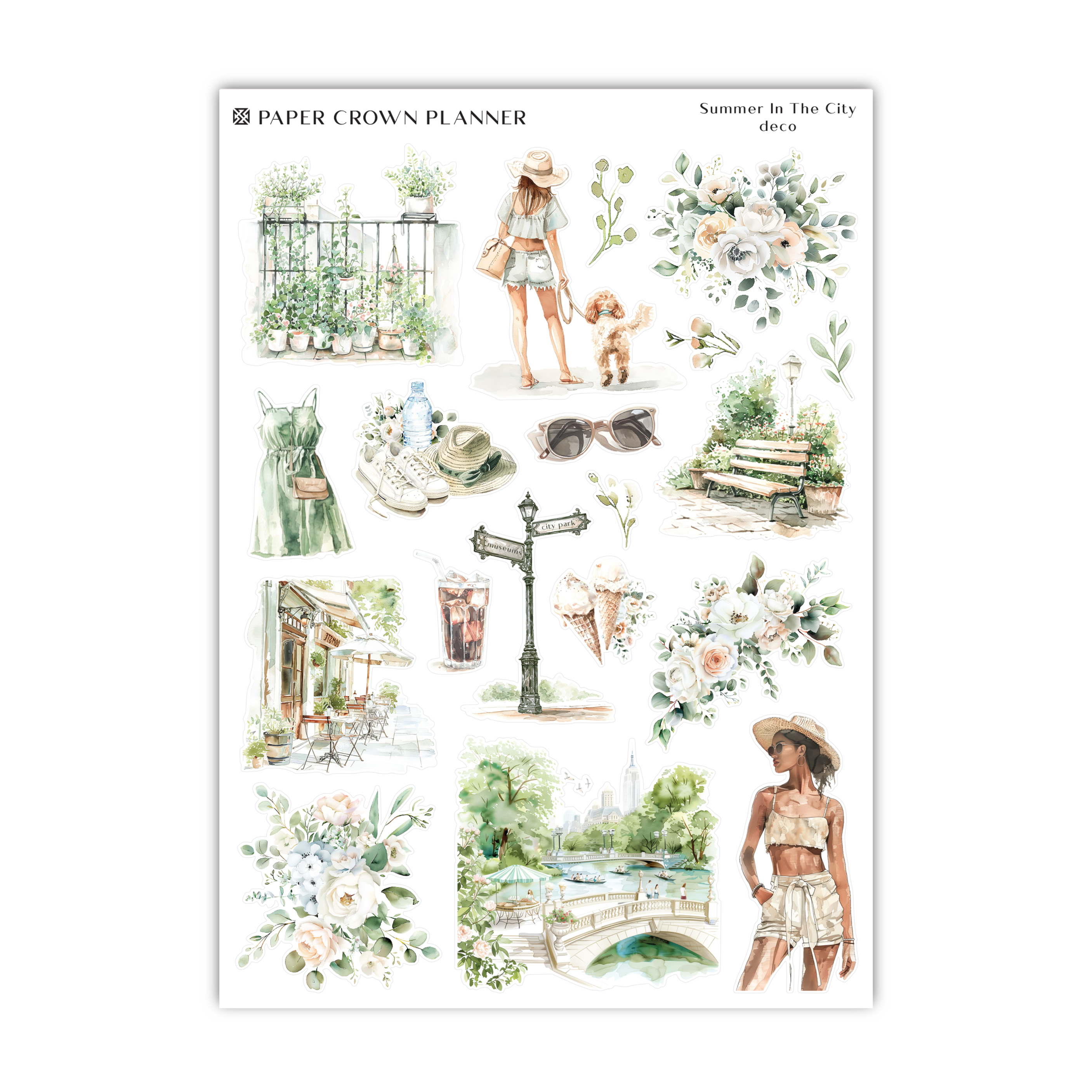 a sticker sheet with a woman and flowers