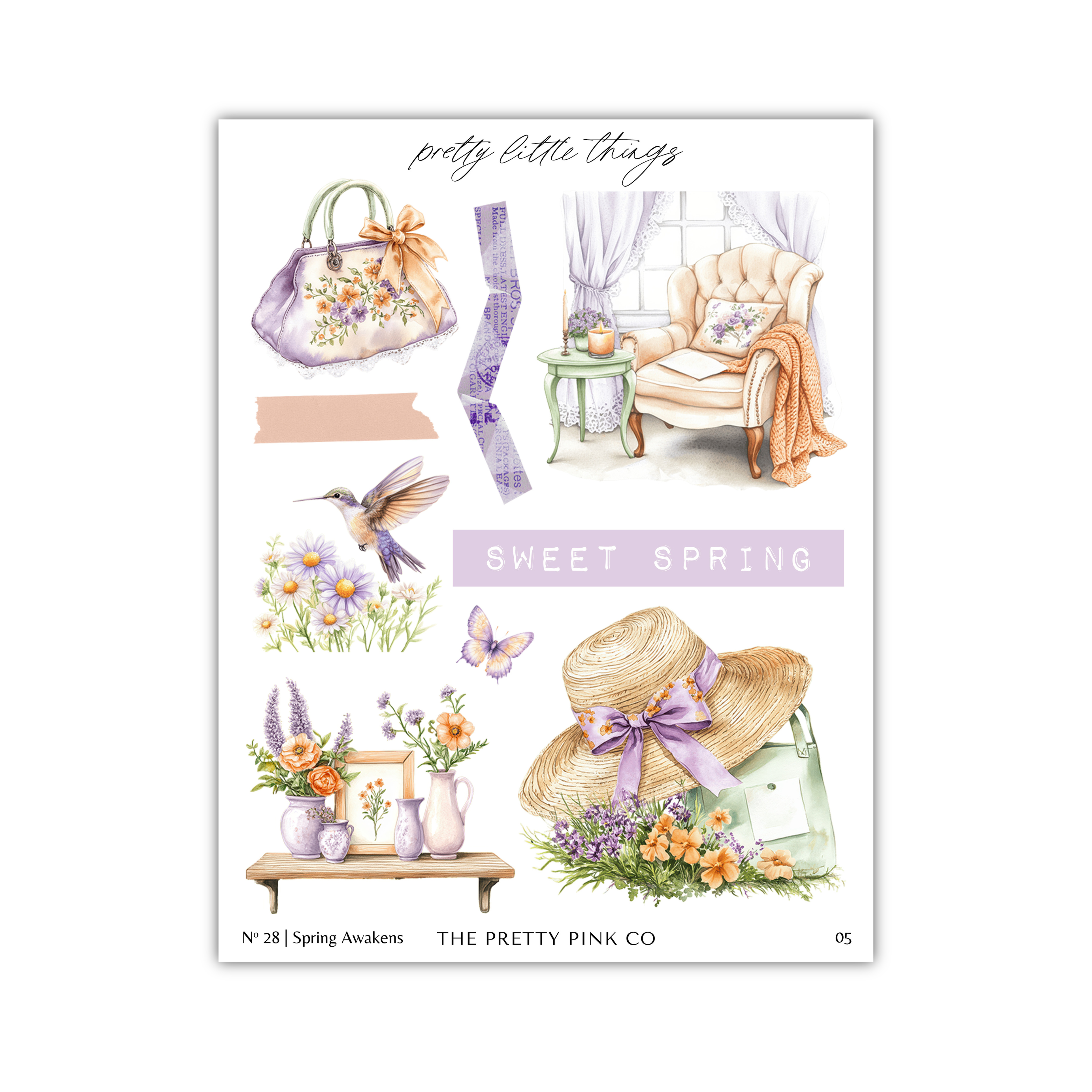 The image is a collage of various spring-themed items, including a handbag, a chair, a vase, a bird, flowers, and a hat.