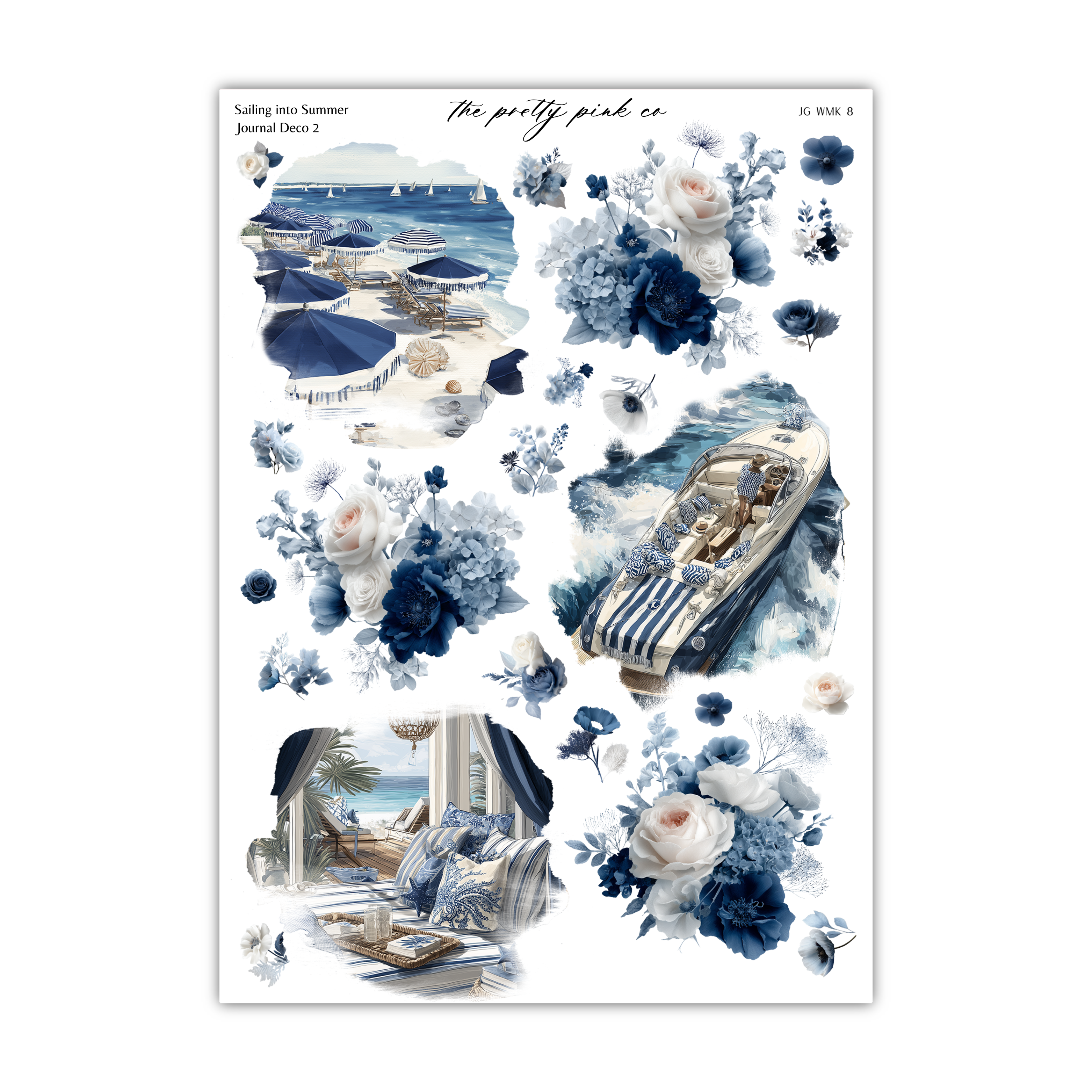 The image is a collage of various images, including a beach scene, a boat, and floral elements, all set against a blue and white color scheme.