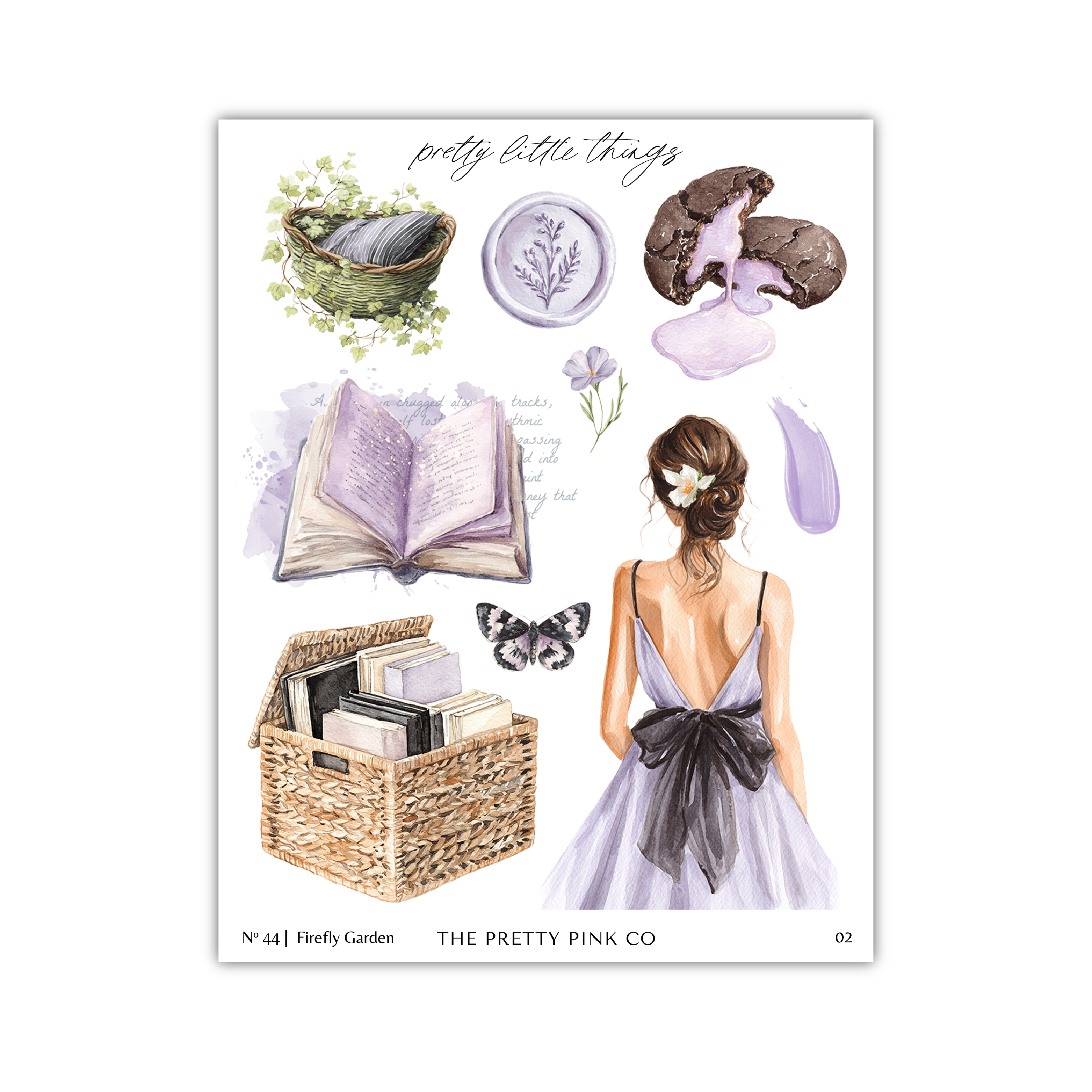 The image is a collage of various illustrations and objects, including a woman in a purple dress, a basket, a book, a butterfly, and a chocolate cake.