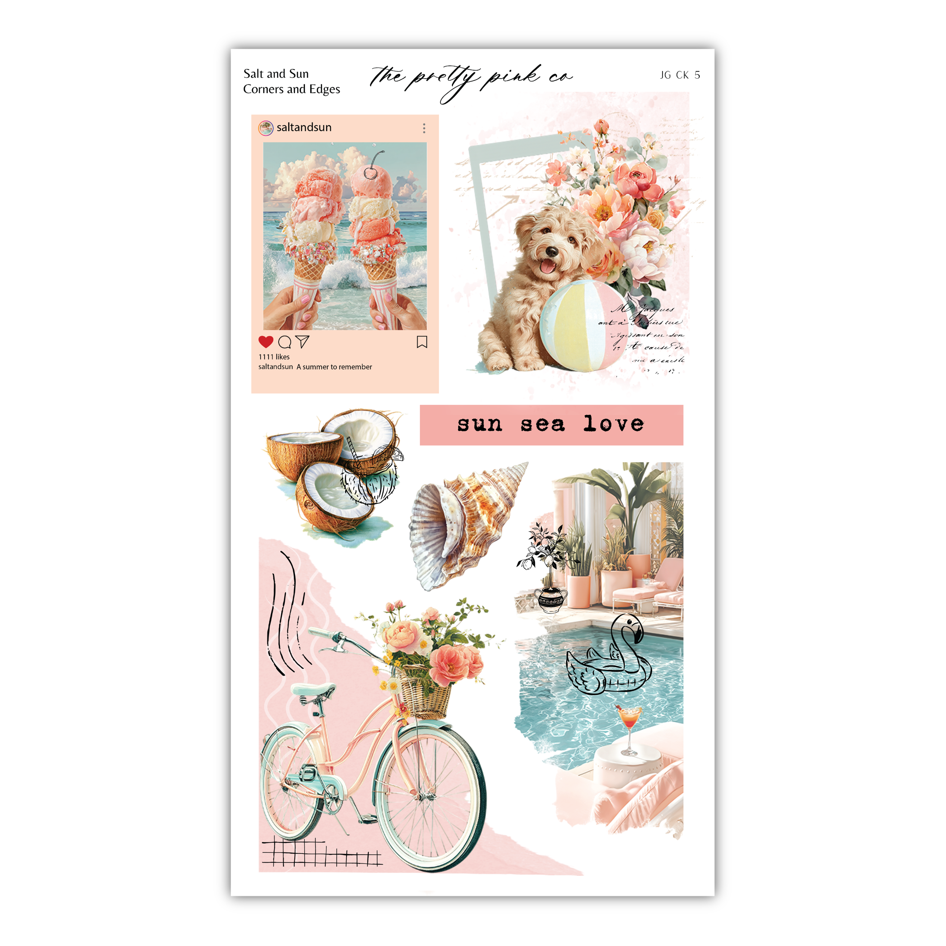 The image is a collage of various colorful and whimsical images, including a beach scene, a bicycle, flowers, and a dog. The collage appears to be a creative and artistic representation of summer and outdoor activities.