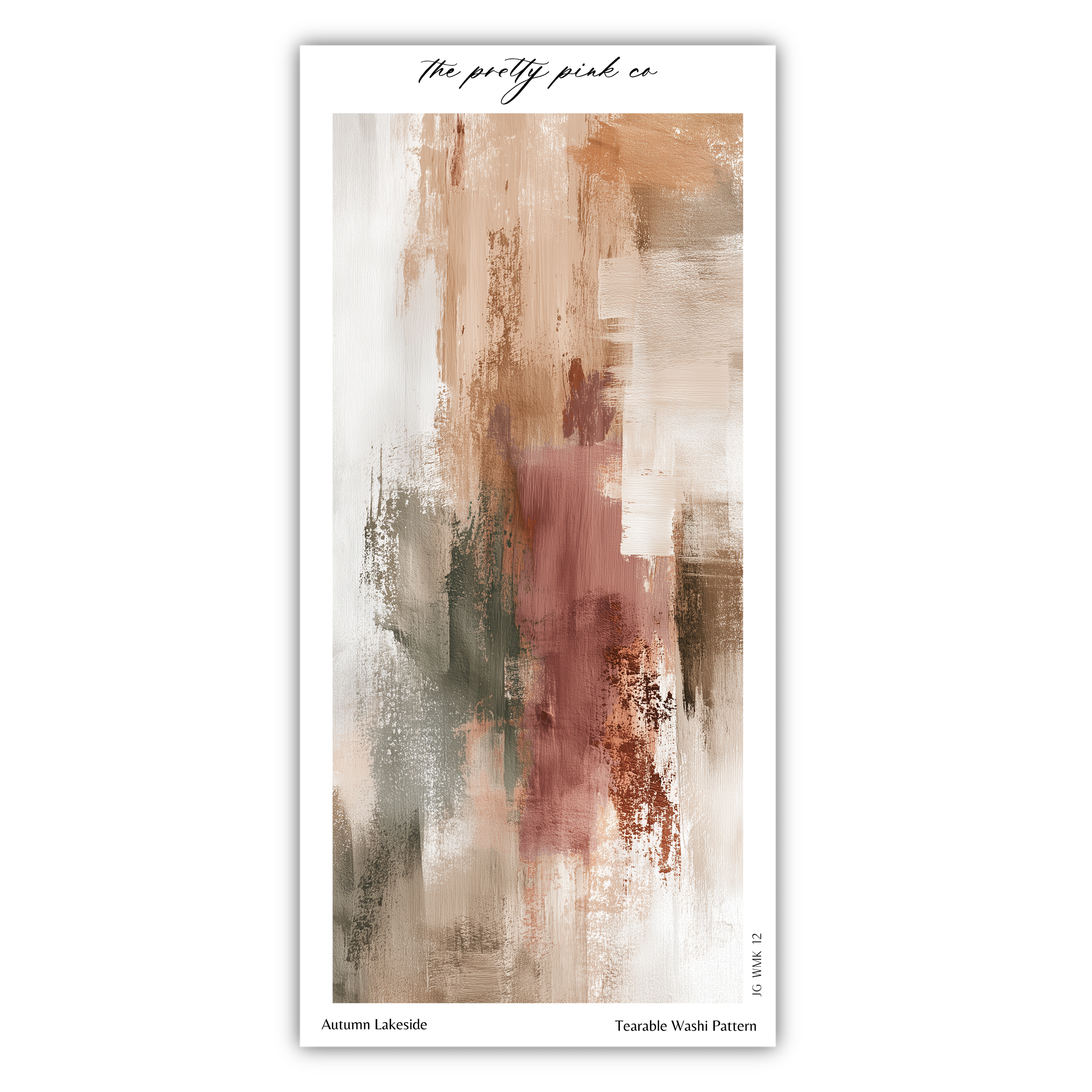 The image is an abstract painting with a mix of warm and cool colors, including shades of brown, orange, and beige. The painting has a textured and expressive appearance, with brushstrokes that create a sense of depth and movement. The artwork is titled "Autumn Lakeside" and is described as a "Terrable Wash Pattern".