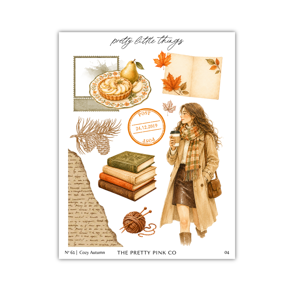 The image is a collage of various autumn-themed elements, including a woman in a coat, books, a pear, pine cones, and a cup of coffee. The collage is titled "pretty little things" and features a woman holding a book and a cup of coffee.