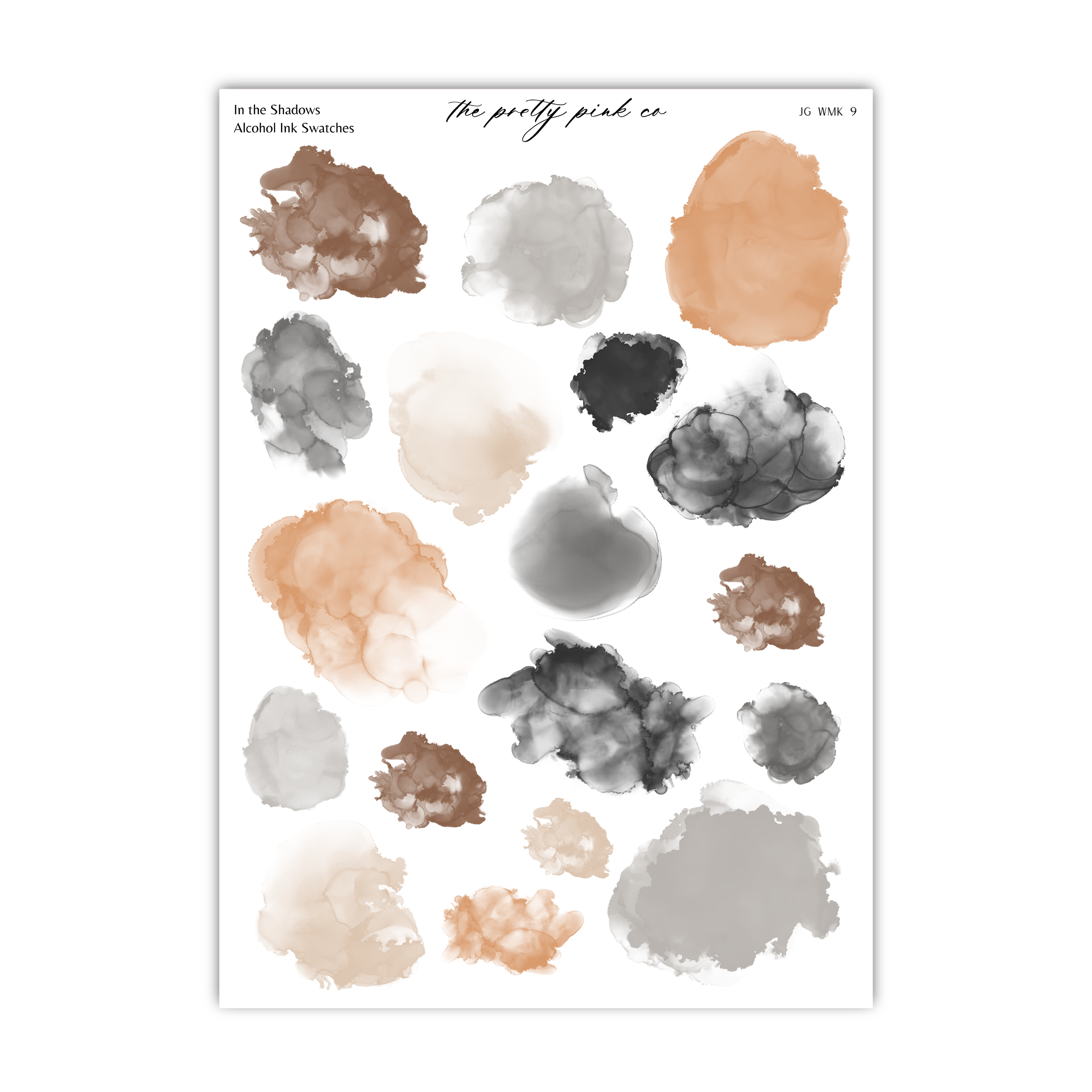 a collection of abstract watercolor brushstrokes in various shades of brown, black, and gray, arranged in a grid-like pattern.