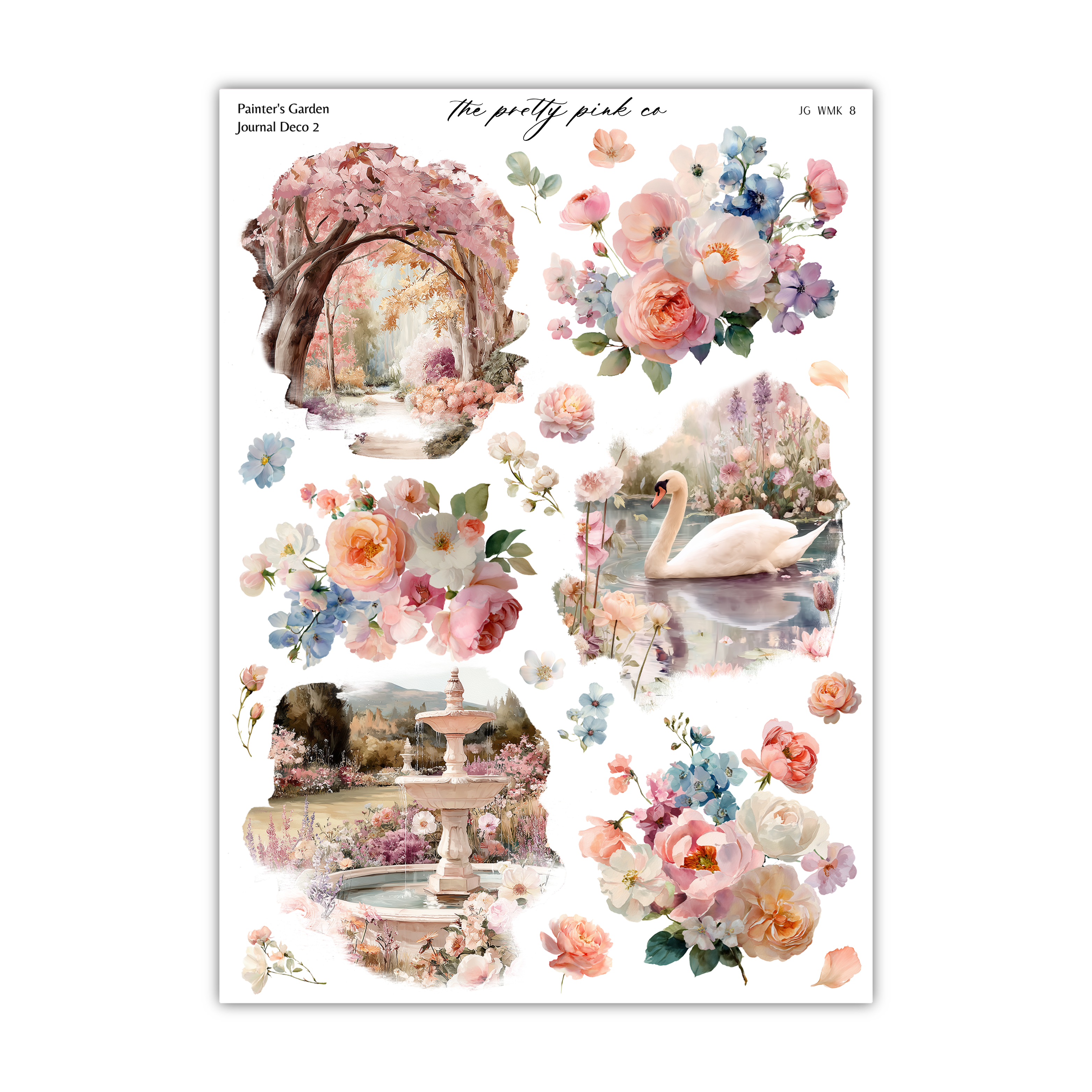 The image is a collage of various floral and landscape scenes, including a tree, a fountain, a swan, and a garden.