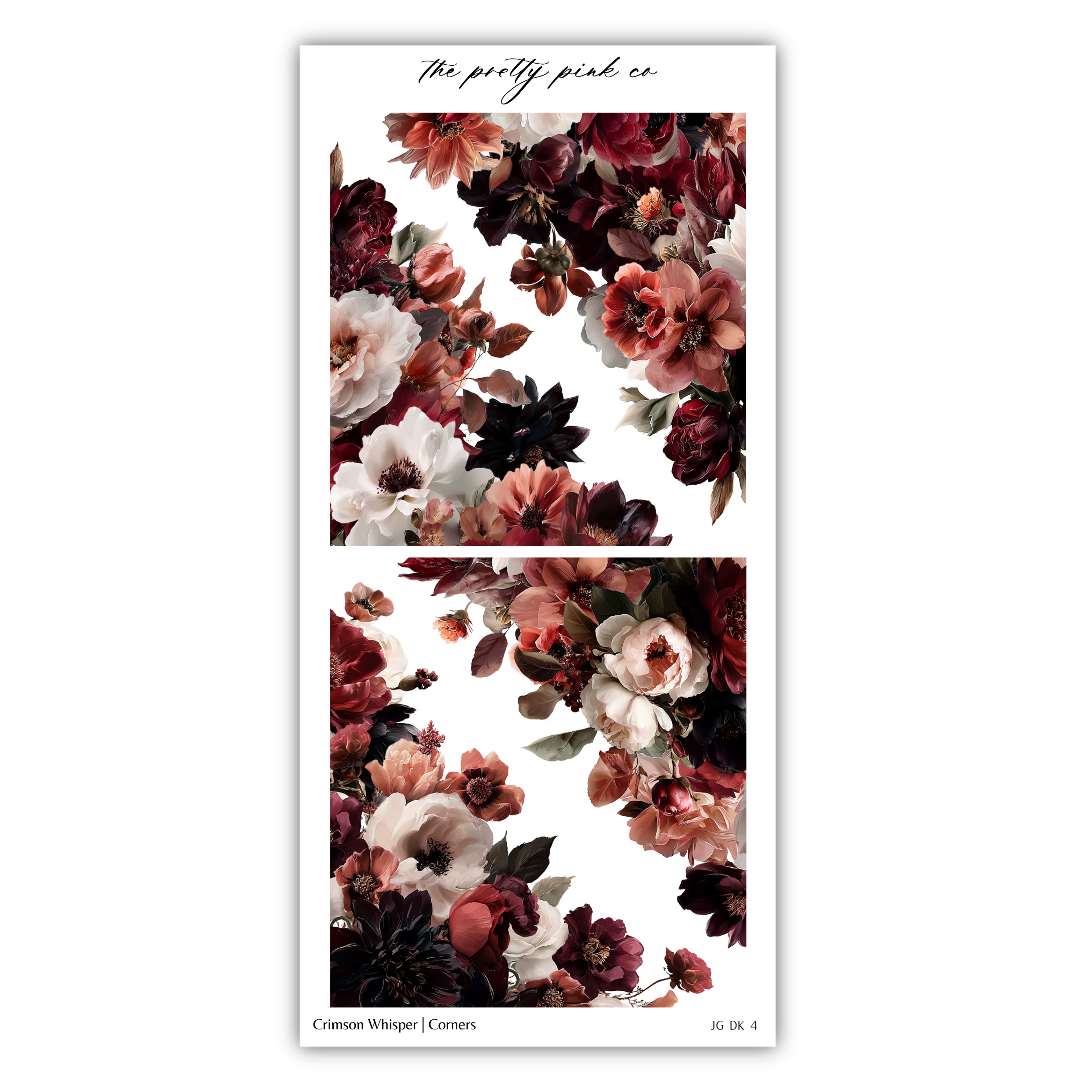 The image is a collage of two floral images, each featuring a variety of colorful flowers in shades of red, pink, and white. The collage is titled "The pretty pink co" and includes the text "Crisson Whisper / Corner" at the bottom.