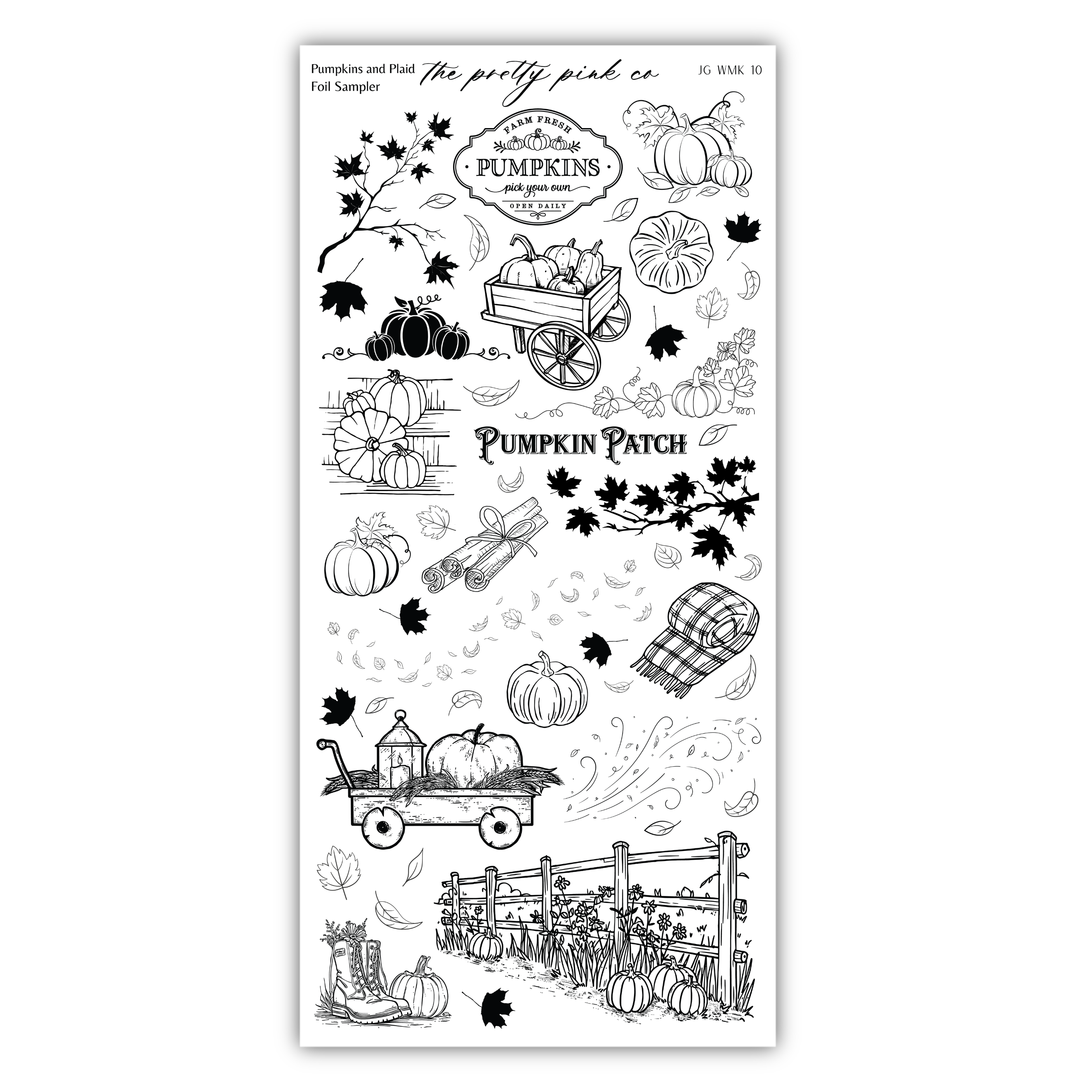 various illustrations related to pumpkins and fall, including pumpkins, a wagon, a scarecrow, and a pumpkin patch. The illustrations are presented in a black and white style, with some text and decorative elements.
