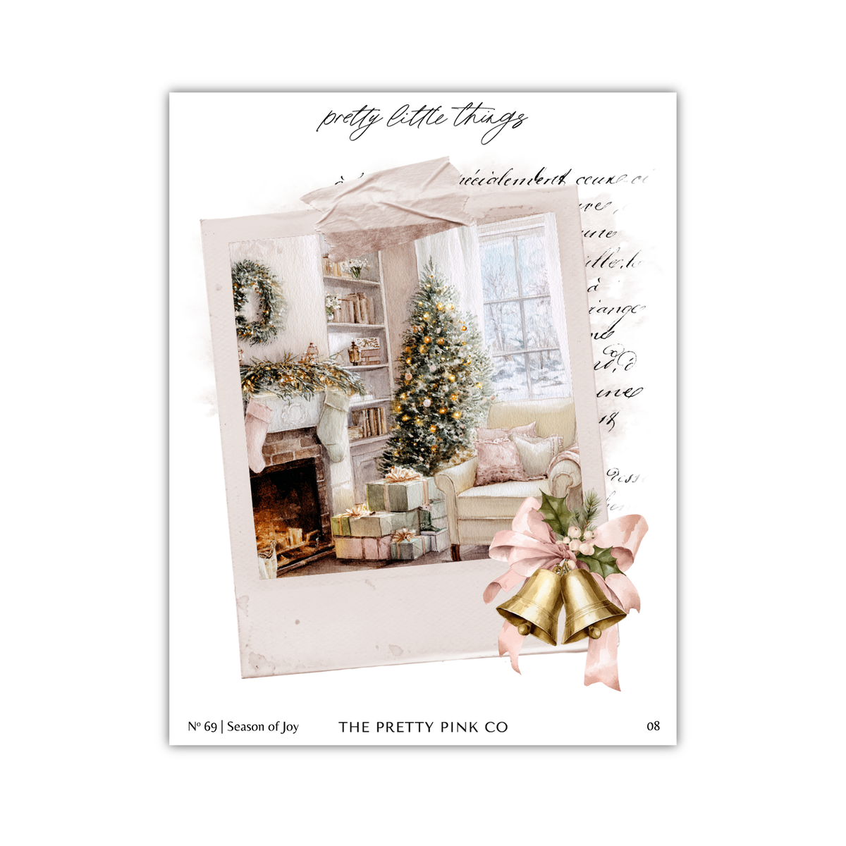 The image is a collage of a cozy, festive Christmas scene with a decorated tree, presents, and a wreath. The collage is titled "The pretty little things" and includes a bell, a ribbon, and a book, creating a warm and inviting atmosphere.