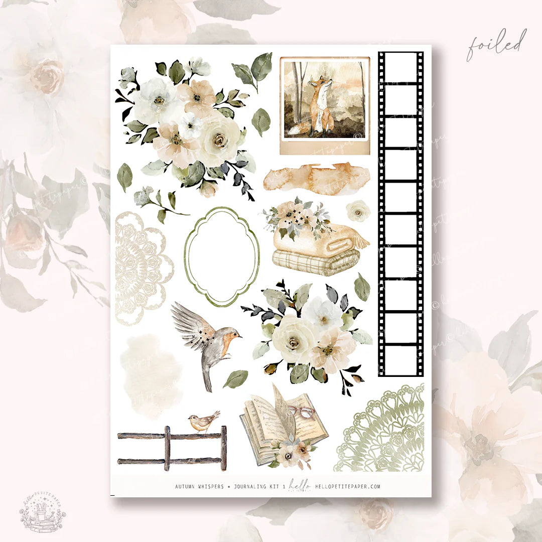 The image is a collection of various floral and nature-themed elements, including flowers, leaves, birds, and a ladder, all set against a pink background.