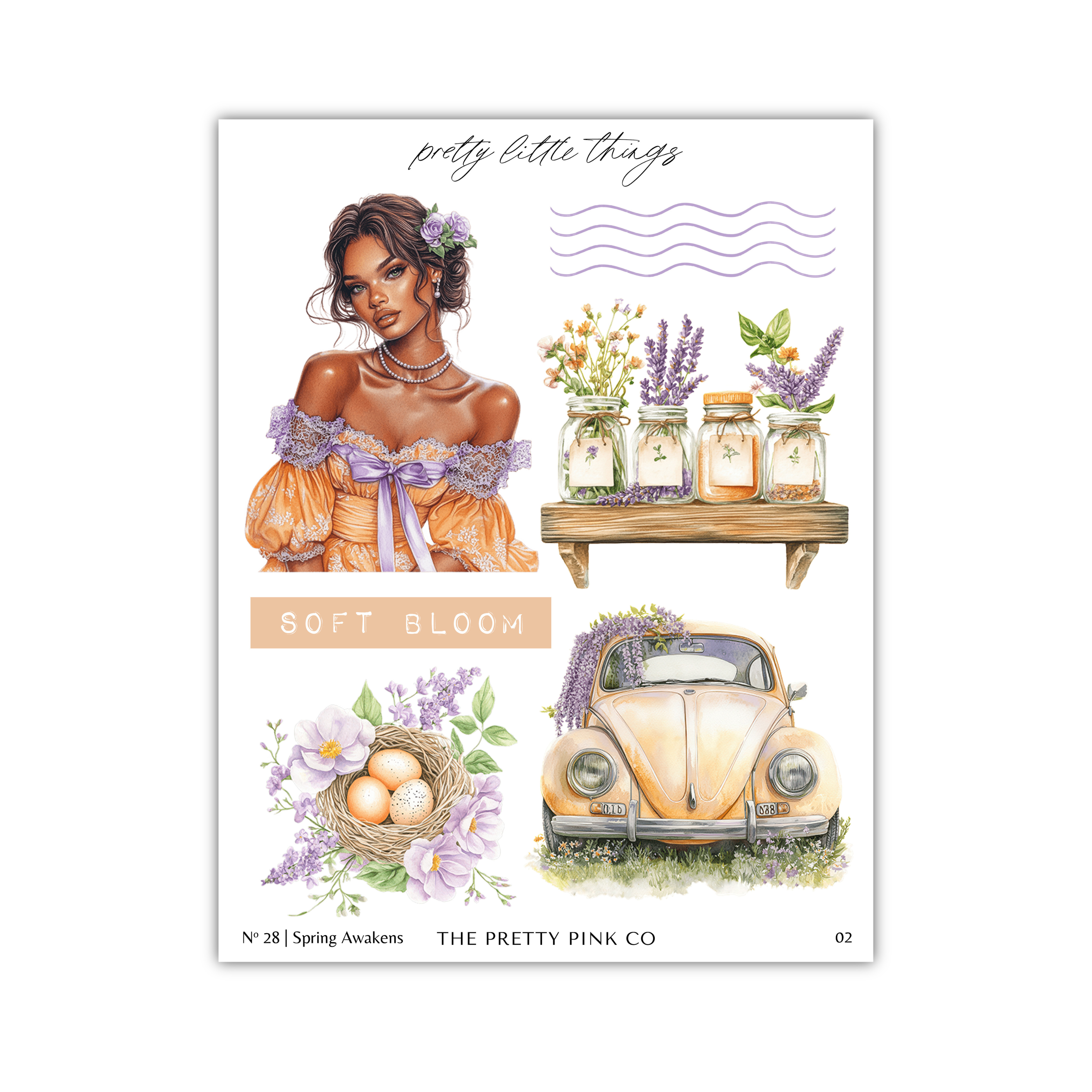 The image is a collage of various illustrations, including a woman with flowers, a car, and a basket of flowers.