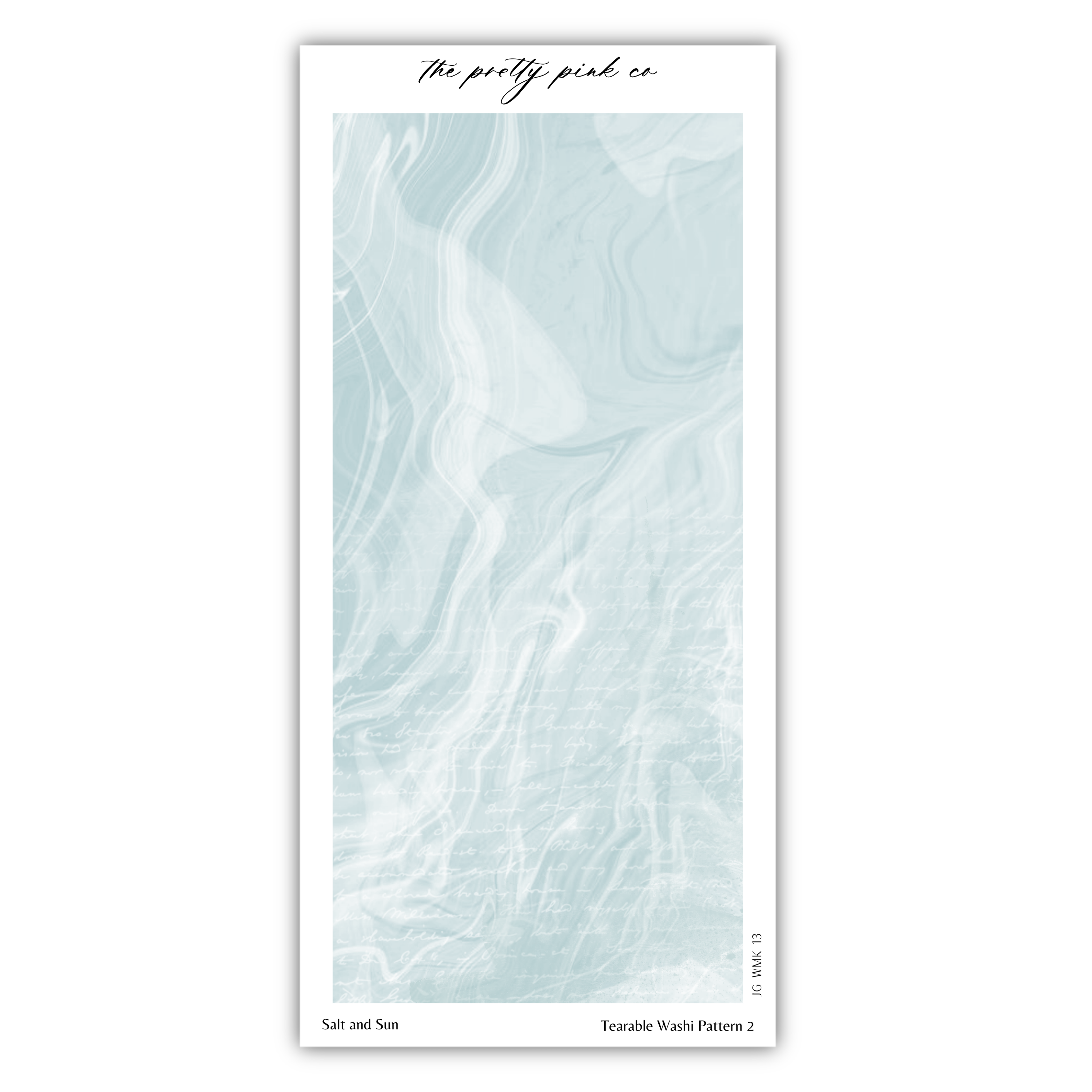 The image is a minimalist design featuring a marble-like texture in shades of blue and white. The text "The pretty pink co" is written in cursive at the top of the image.