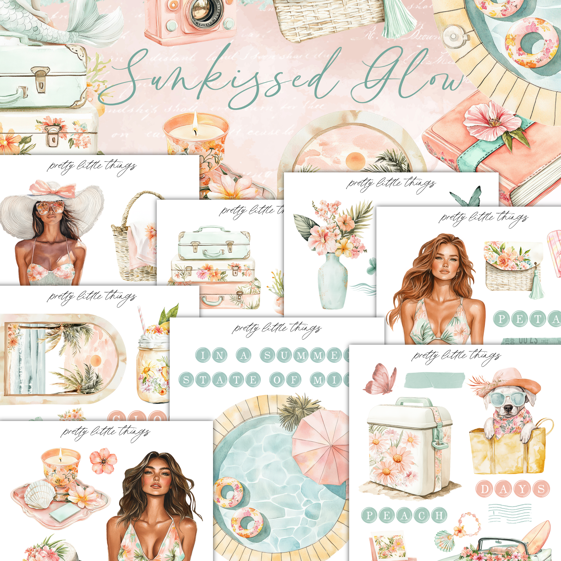 The image is a collage of various illustrations and objects related to the theme of "Sunkissed Glow", featuring women, flowers, and other summer-themed elements.