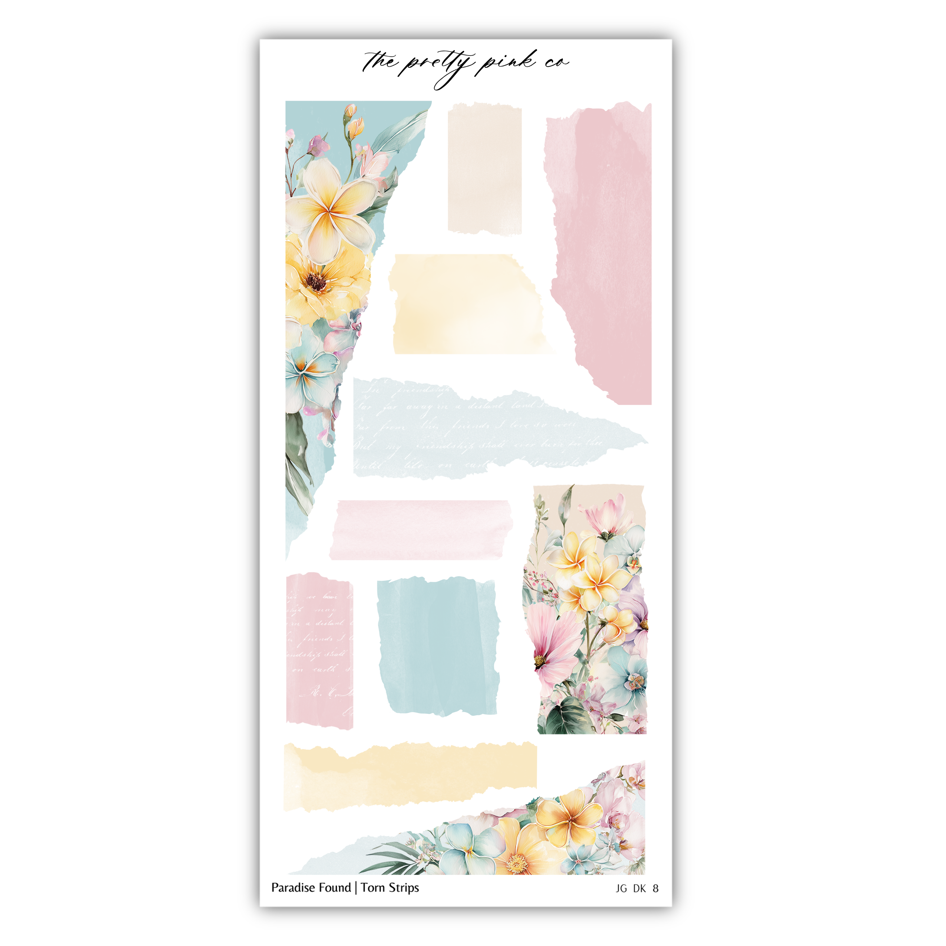 The image is a collage of various colorful and abstract elements, including floral patterns, torn strips, and other decorative shapes.