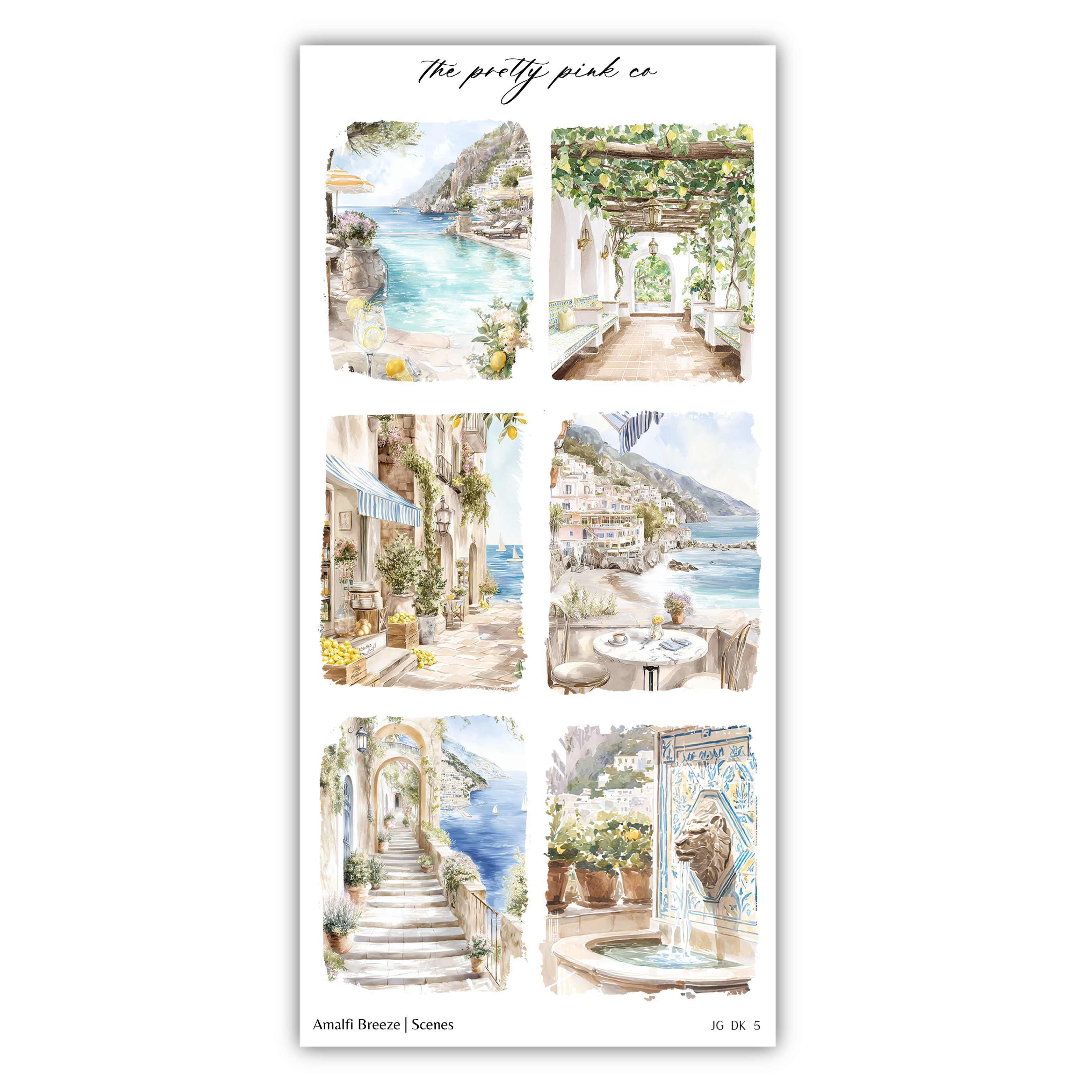 The image is a collage of six watercolor paintings depicting various scenes, including a beach, a coastal town, a fountain, and a balcony.