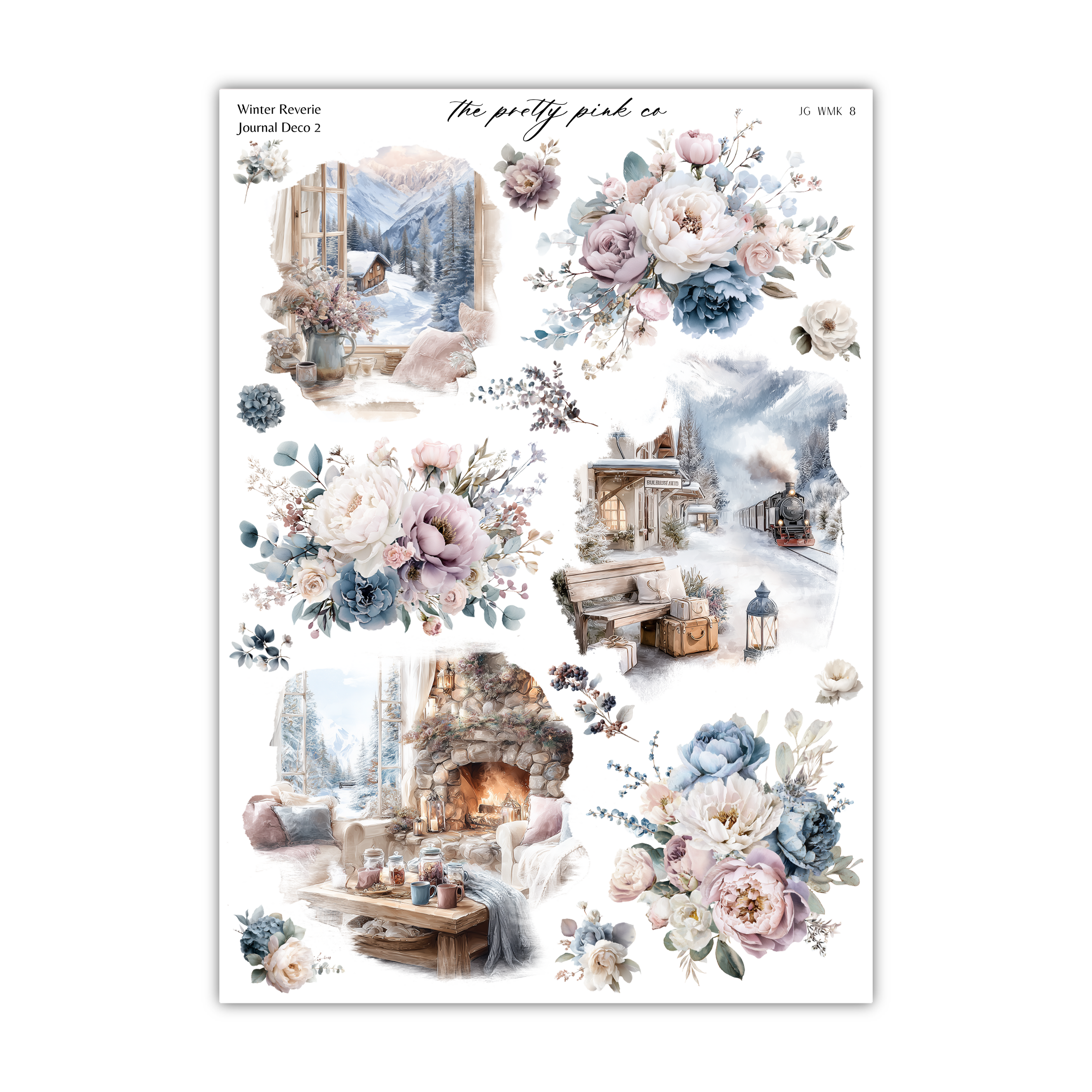 The image is a collage of various winter-themed scenes, including a snowy landscape, a fireplace, a snowy village, and a snowy mountain. The collage is filled with various floral elements, such as flowers and leaves, creating a serene and picturesque winter atmosphere.