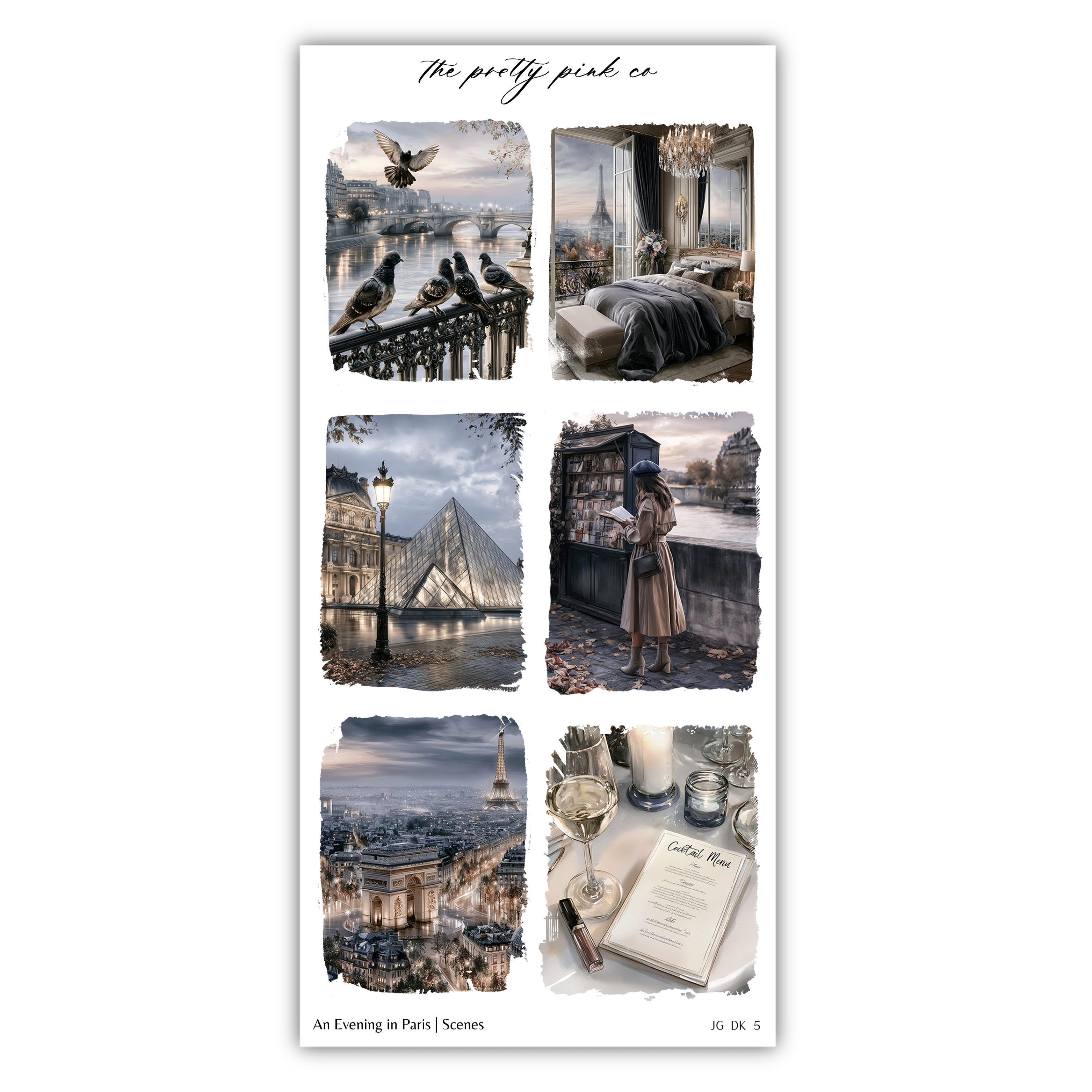 The image is a collage of six pictures depicting various scenes from Paris, including a balcony with birds, a bedroom, a person reading, a view of the Eiffel Tower, a view of the Seine River, and a view of the city skyline.
