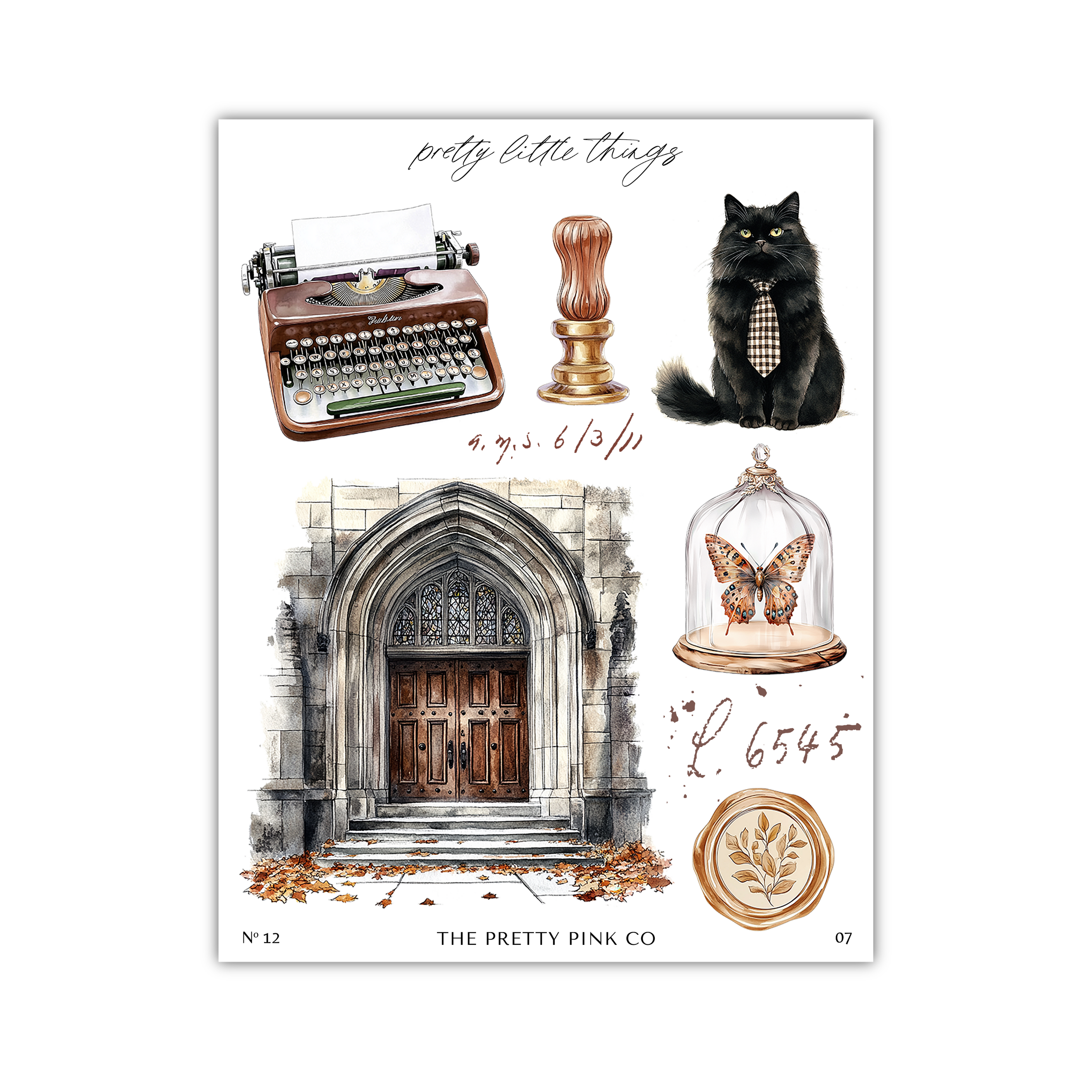 The image is a collage of various objects, including a typewriter, a cat, a castle, a butterfly, and a seal.
