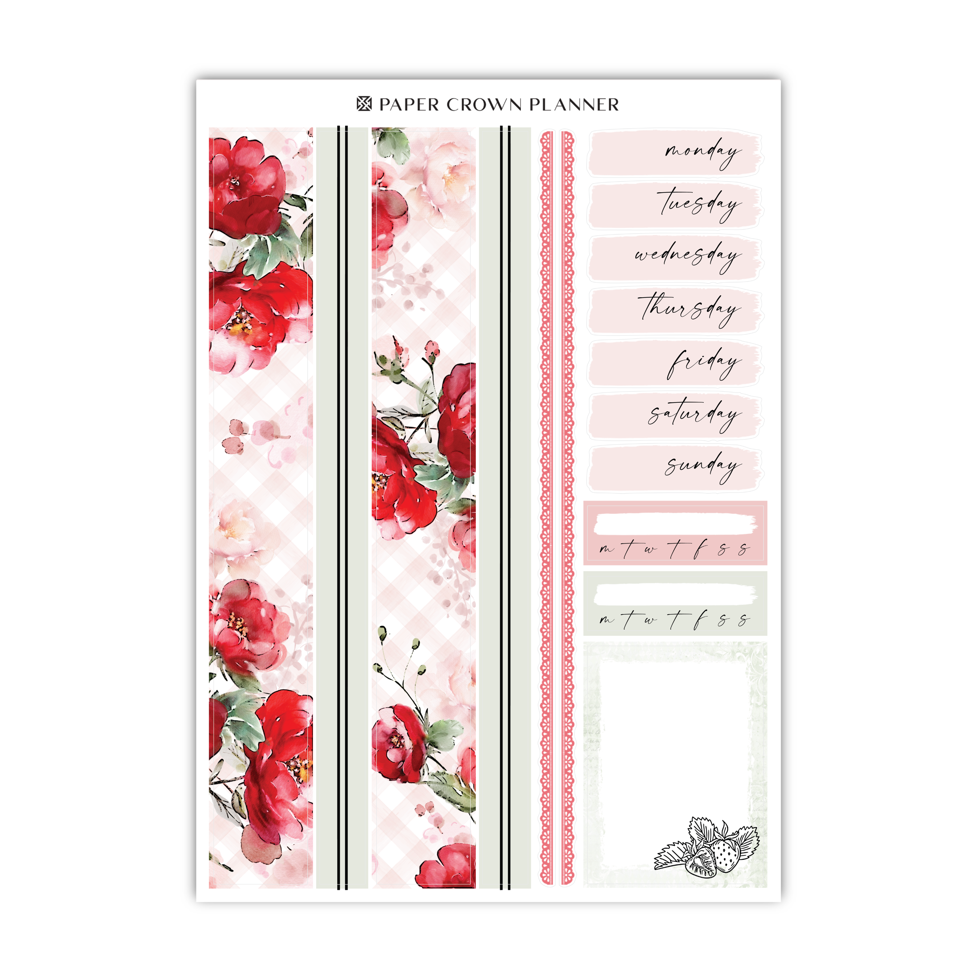 a planner sticker with red flowers on it