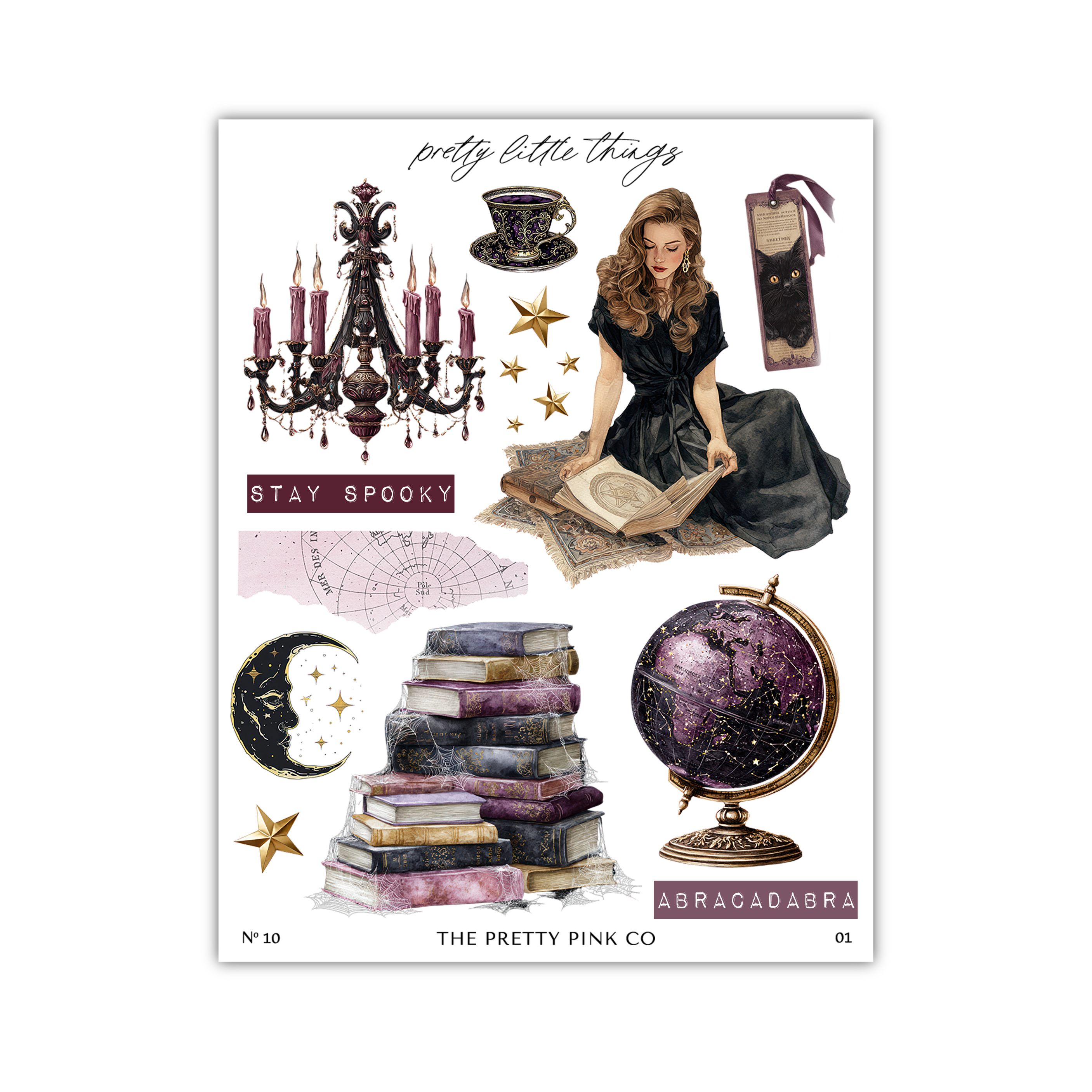 The image is a collage of various items, including a woman reading a book, a globe, a chandelier, and other decorative elements, all set against a white background.
