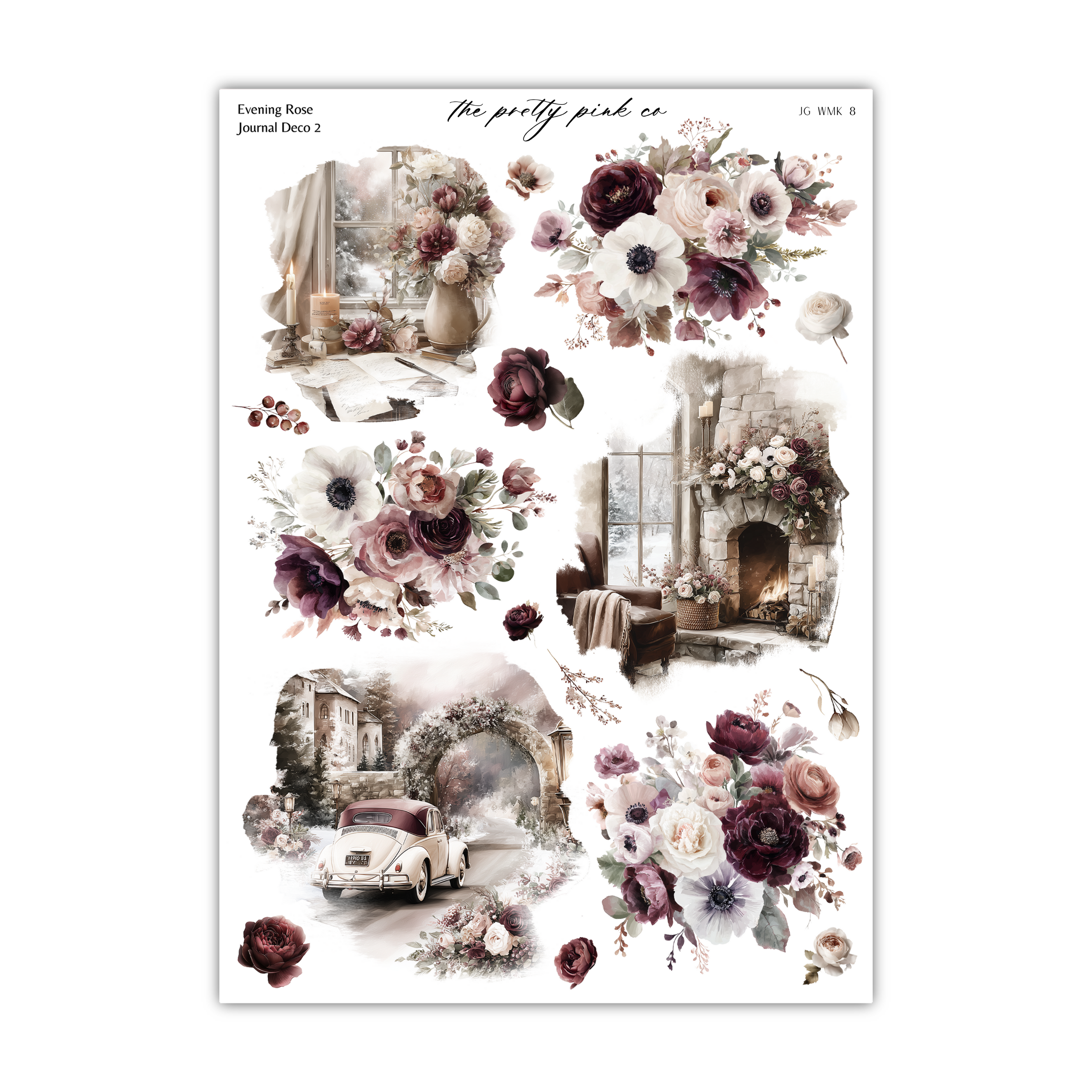 The image is a collage of various floral and architectural elements, including flowers, vases, windows, and cars. The overall color palette is predominantly brown and white, with some accents of pink and purple. The collage appears to be a collection of different scenes or images, rather than a single, continuous image.
