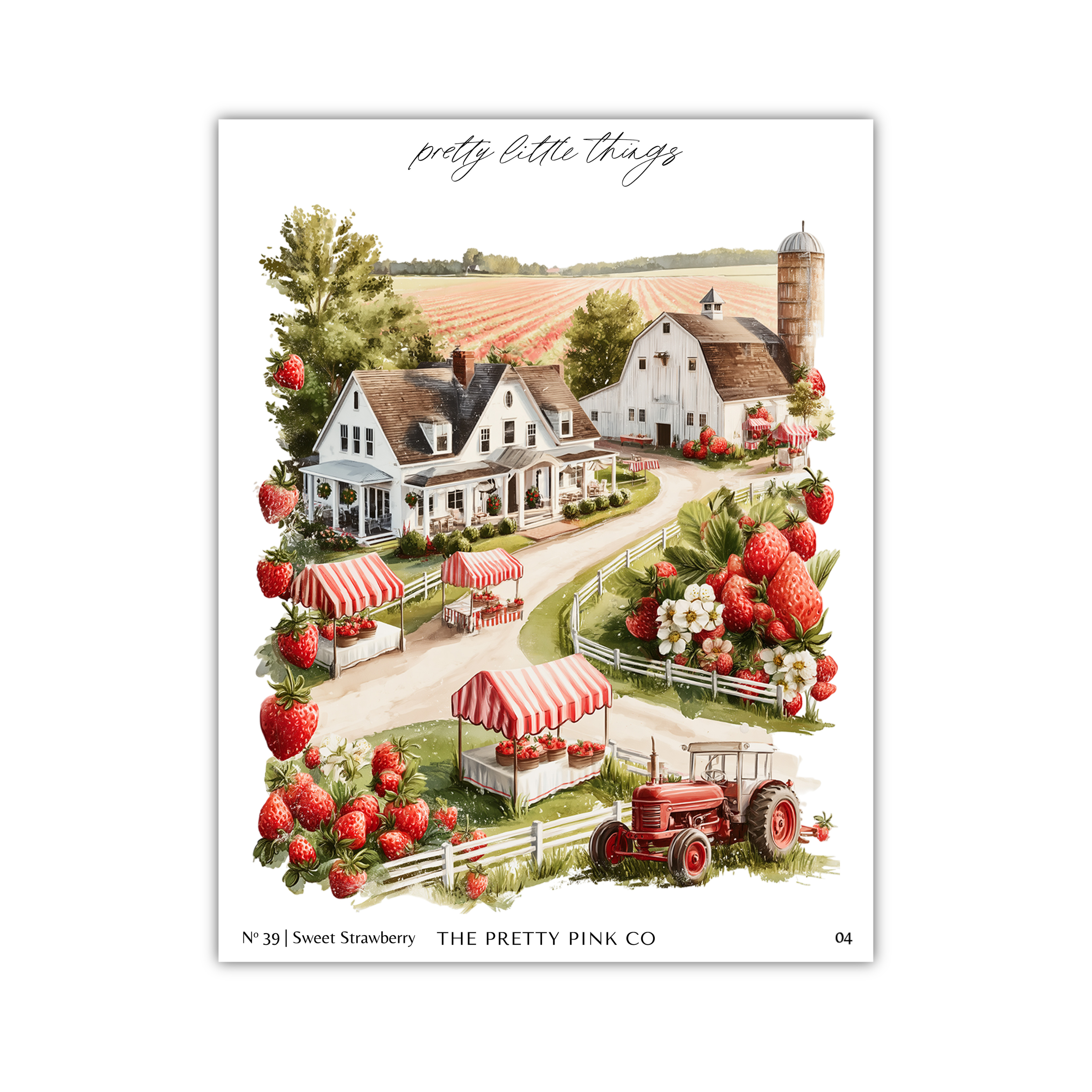The image is a collage of various elements depicting a strawberry farm, including a large white house, a red tractor, and strawberry fields.