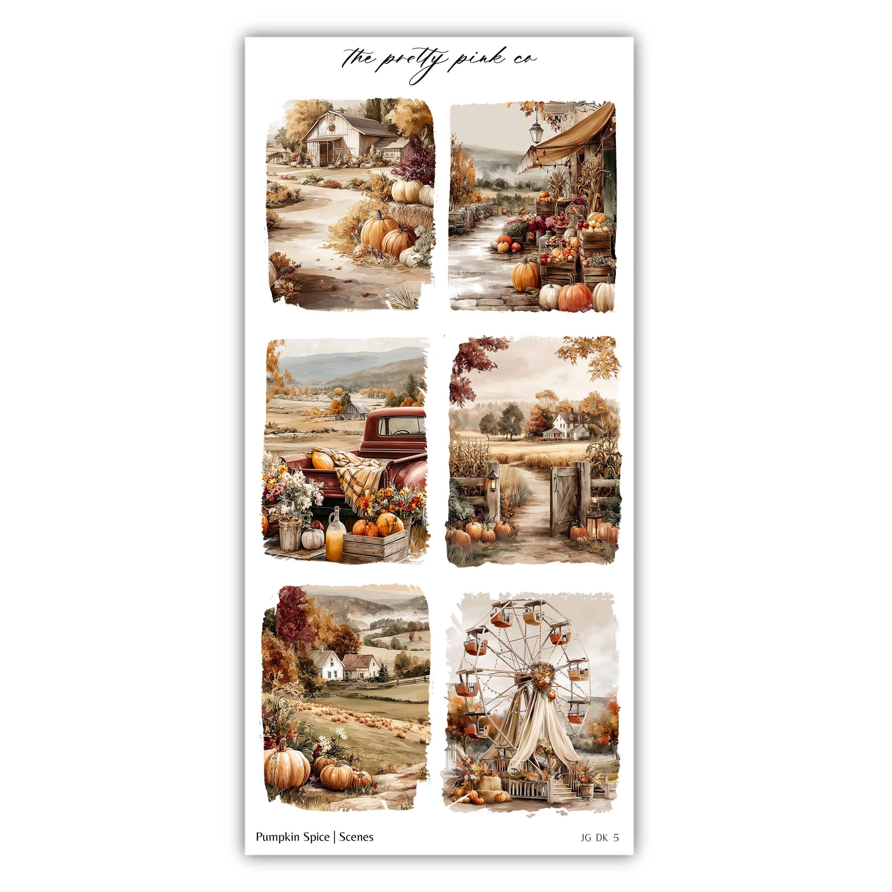 The image is a collage of six pictures depicting various autumn scenes, including pumpkins, a farm, a ferris wheel, and a road.