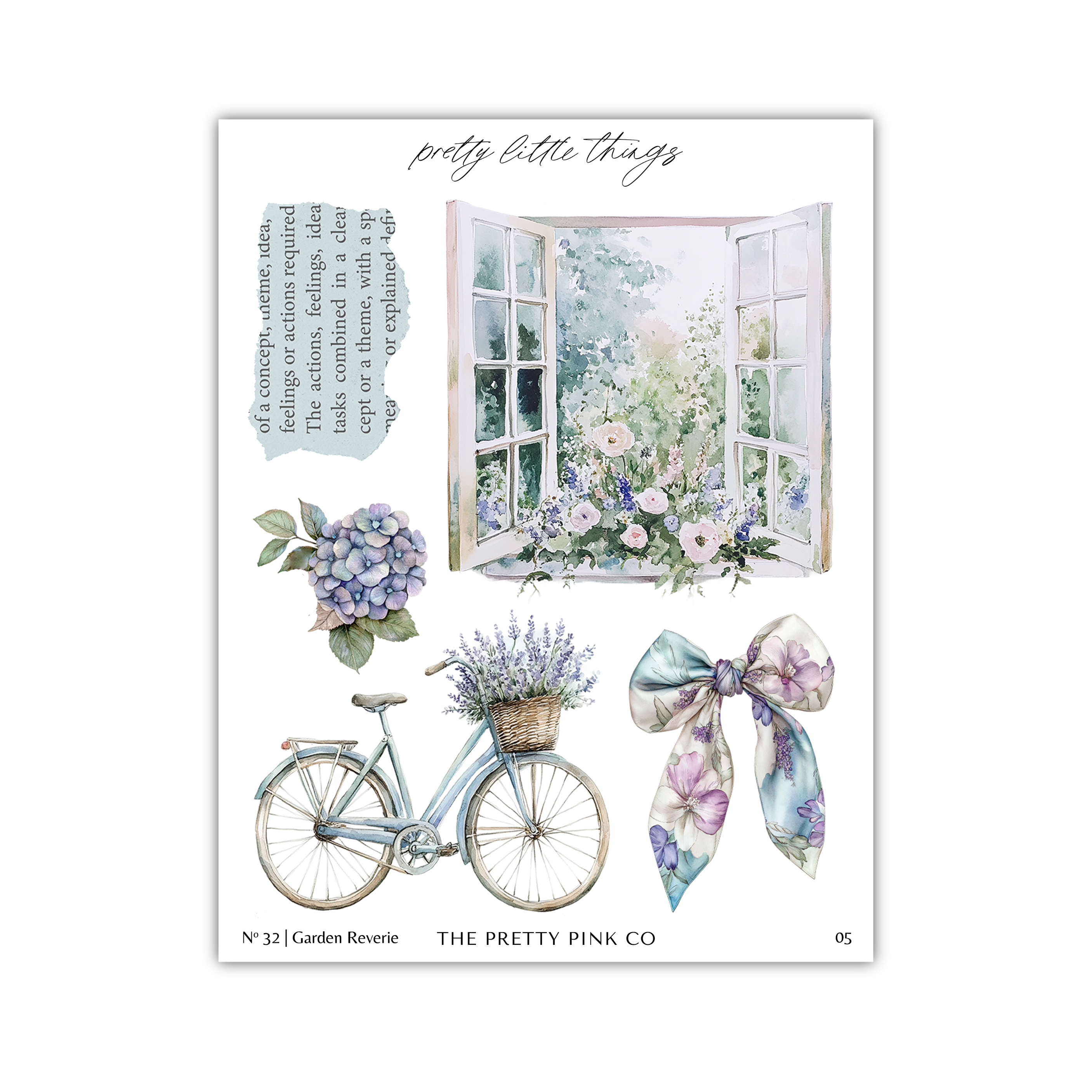 The image is a collage of various elements, including a bicycle, flowers, a window, and a bow, all set against a white background.