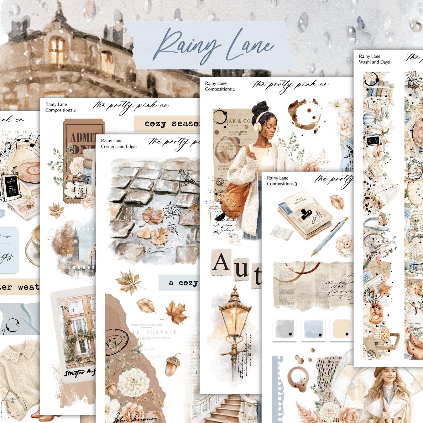 The image is a collage of various artistic elements, including a woman, a building, and other decorative items, all set against a rainy day backdrop.
