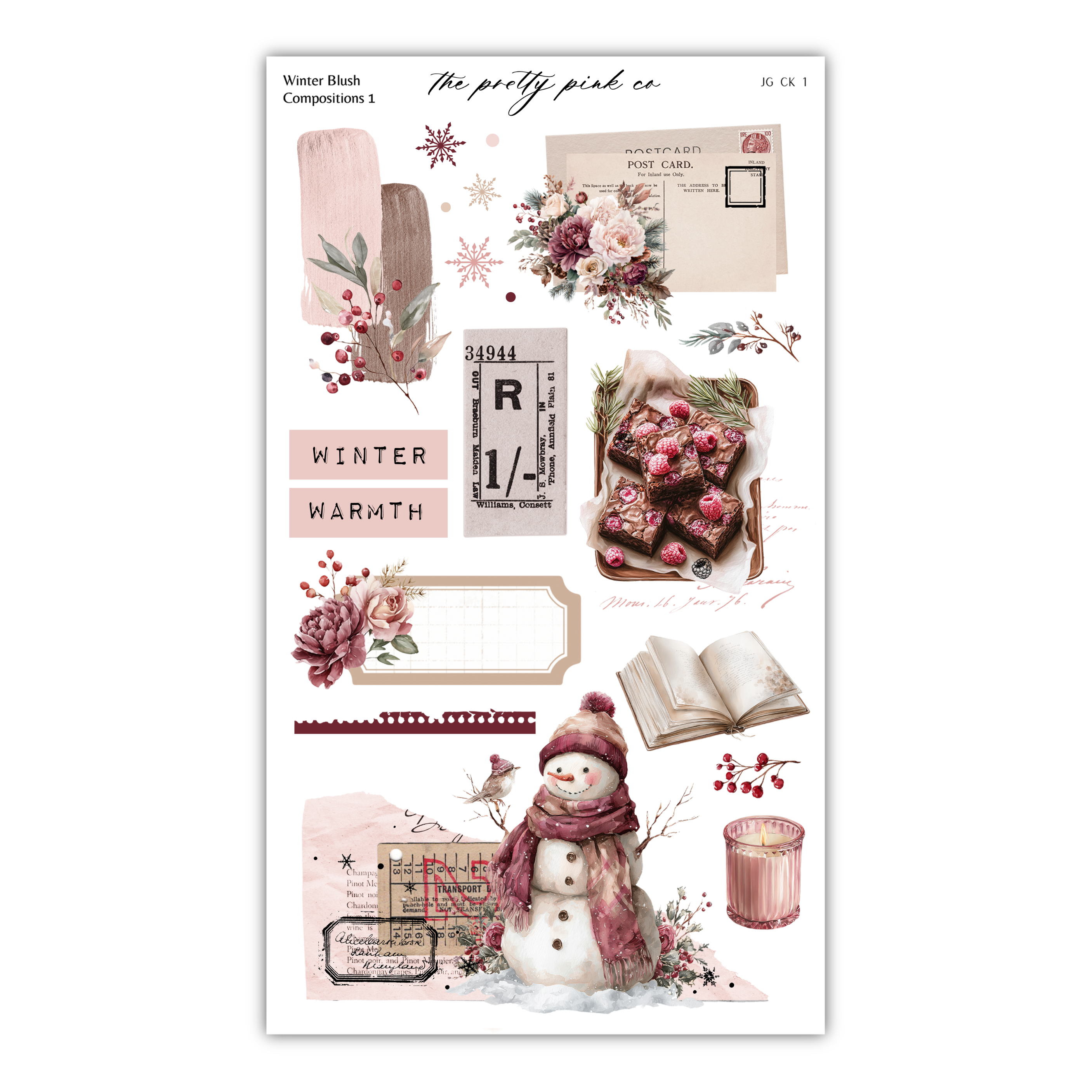 The image is a collage of various winter-themed elements, including a snowman, a book, a cake, and a bouquet of flowers. The collage is titled "Winter Blush Composition 1" and includes a postcard, a note, and a card. The overall color palette is predominantly pink and white, with accents of green and brown.