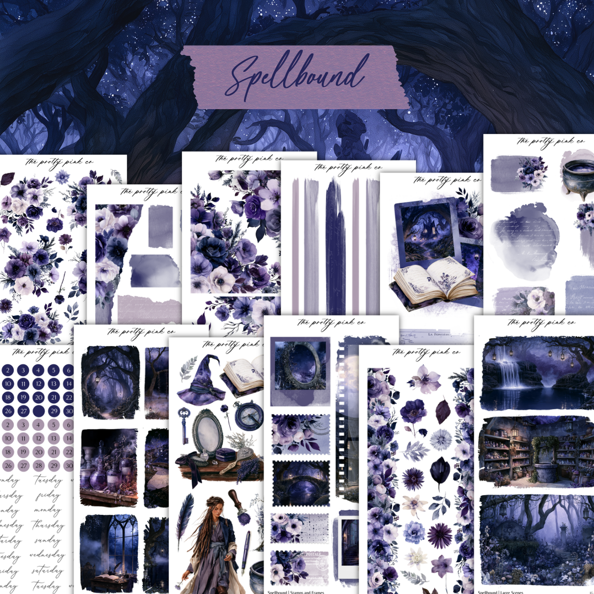 The image is a collection of various purple and blue-toned images, including floral patterns, books, and other decorative elements, arranged in a collage-like manner.