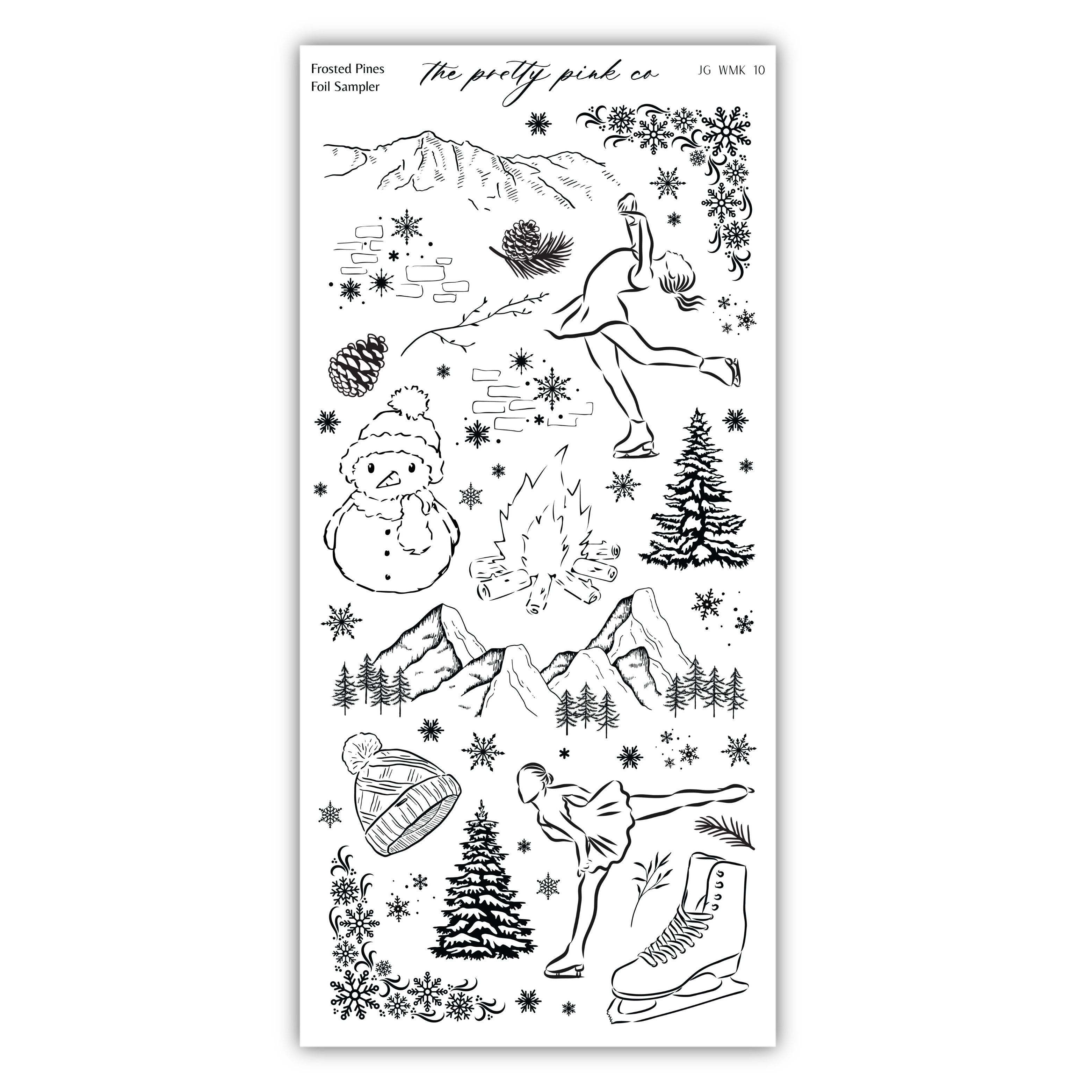 various winter-themed illustrations, including a snowman, a skier, pine trees, mountains, and other snow-related elements. The overall composition is a collage of these images, creating a visually appealing and festive winter scene.