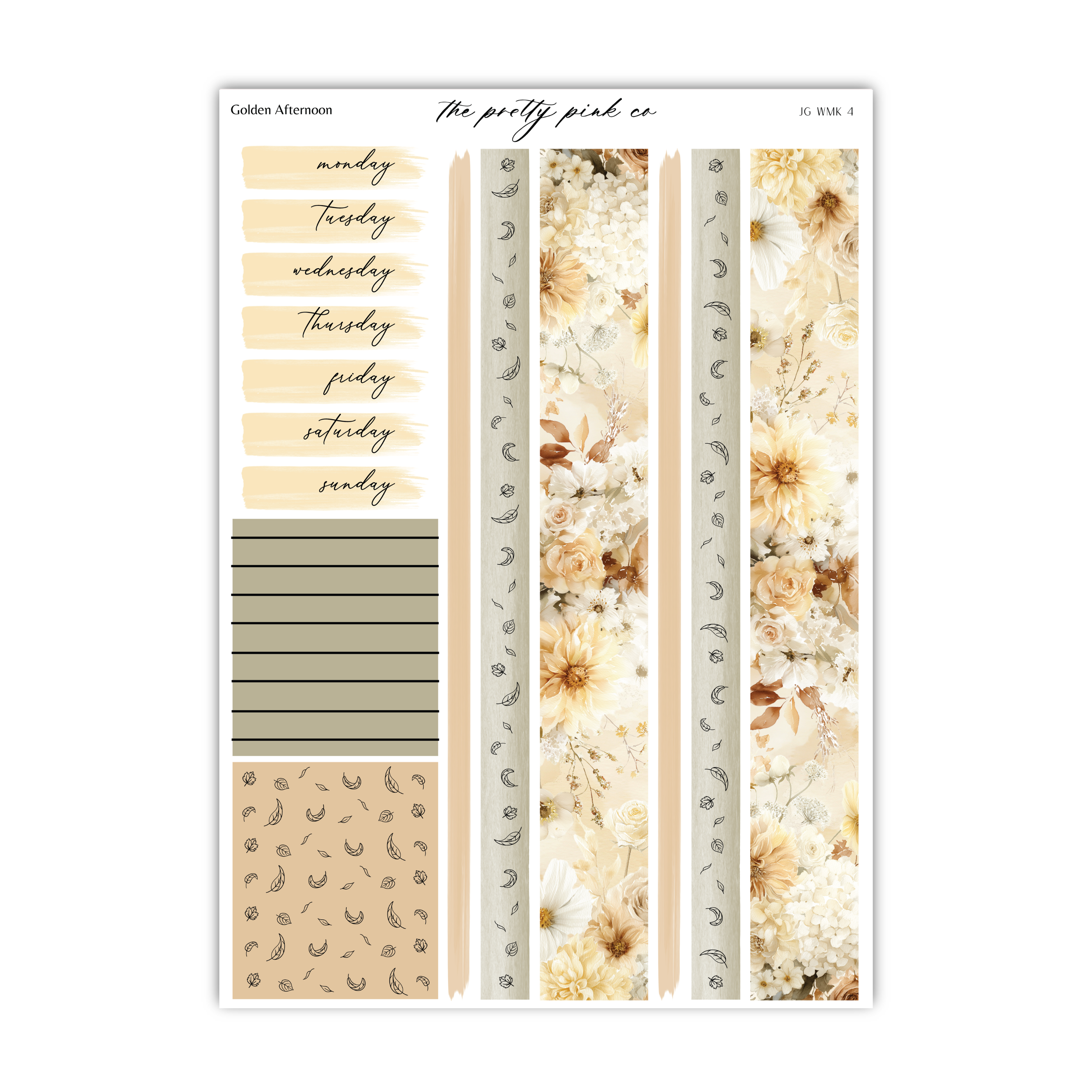 The image is a printed page with various elements, including a floral pattern, a striped pattern, and a list of days of the week.