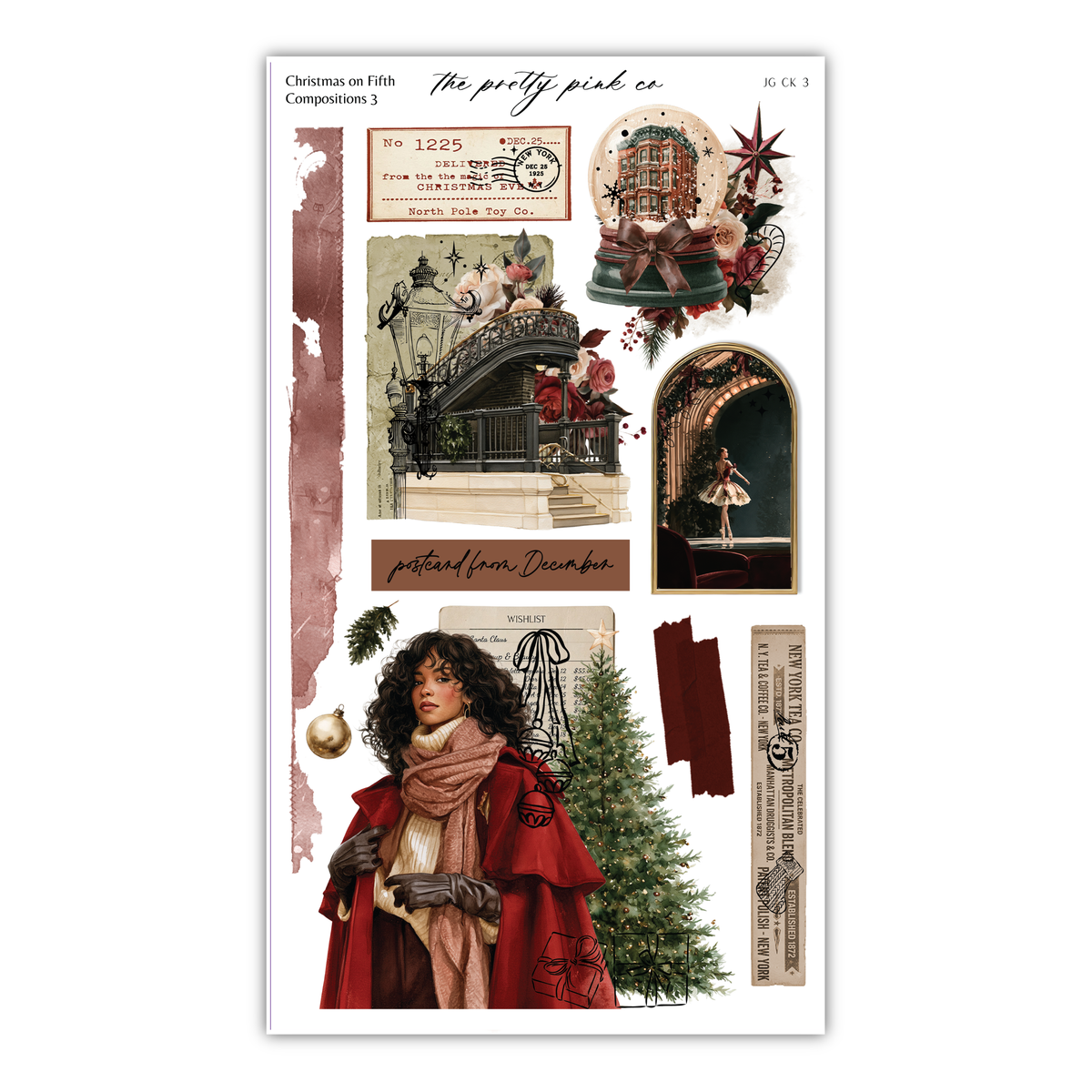 The image is a collage of various Christmas-themed elements, including a woman in a red coat, a Christmas tree, and other holiday decorations.