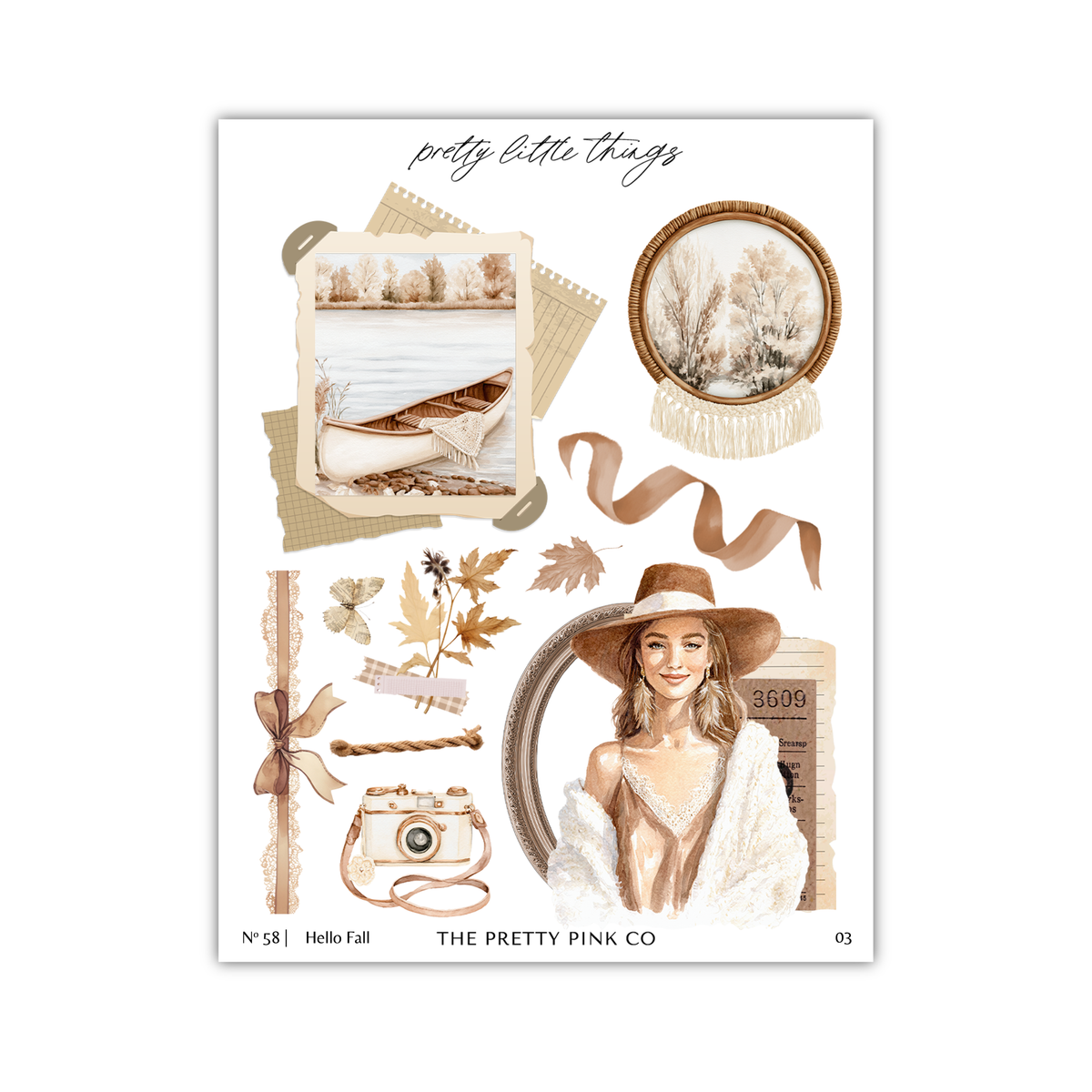 The image is a collage of various elements, including a woman in a hat, a boat, a camera, and a mirror. The collage is titled "pretty little things" and includes a caption that reads "Hello Fall" and "The pretty pink co".