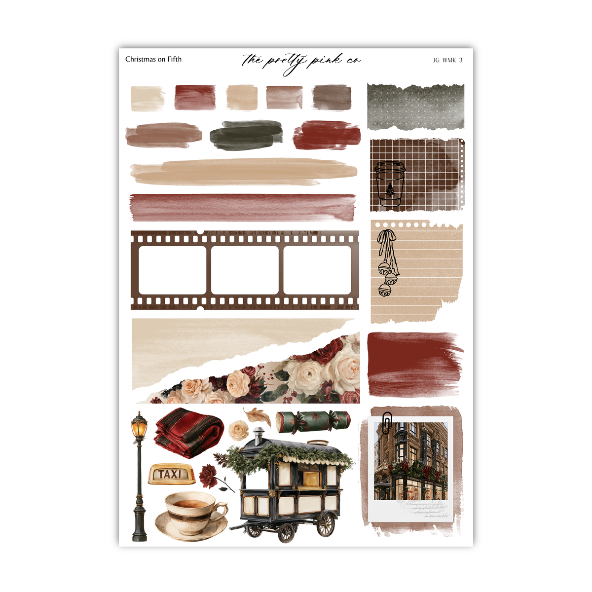 various decorative elements and objects, including a film strip, a building, a lamp, a cup, and a cake, all arranged in a visually appealing manner.
