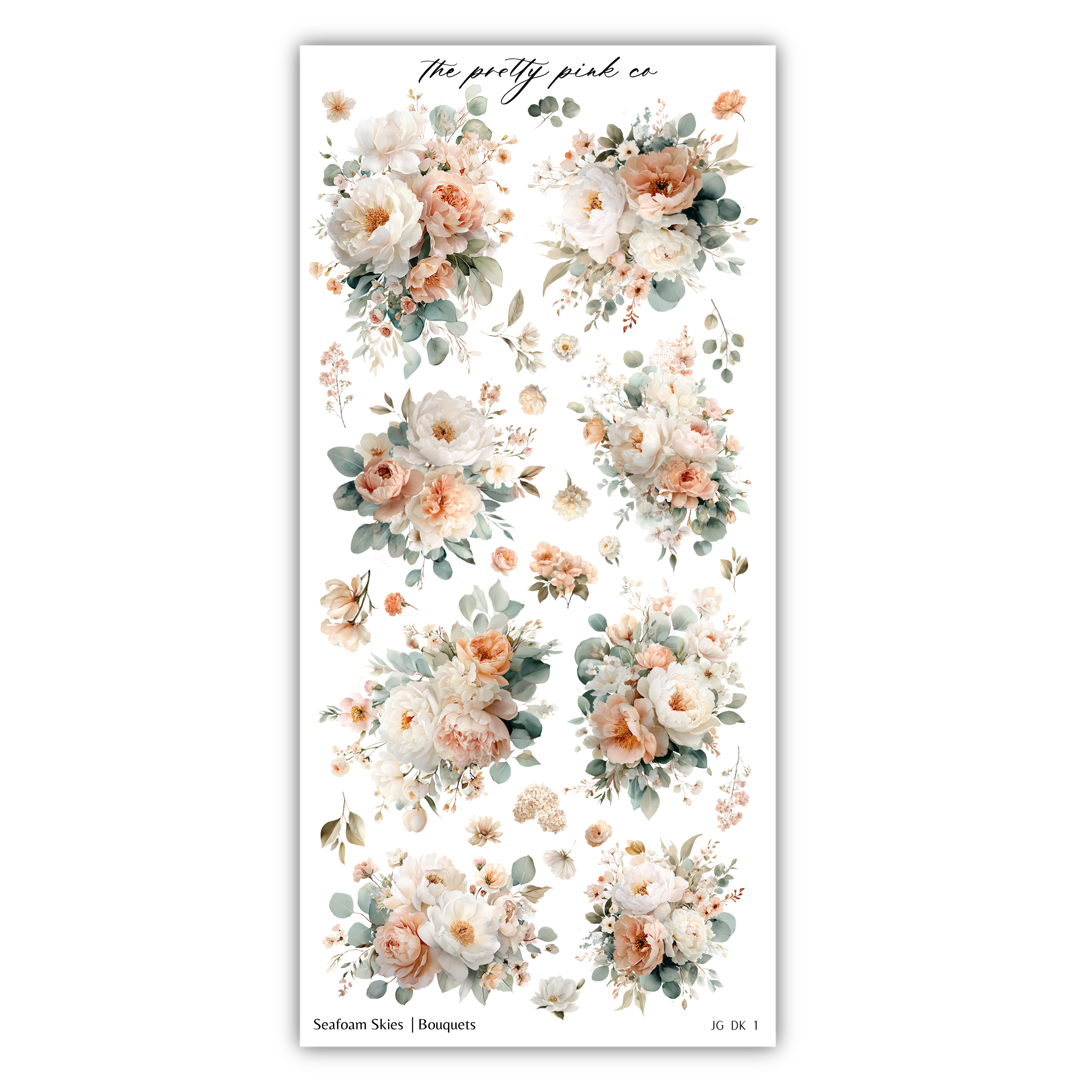a collection of floral arrangements, including bouquets and skis, with predominantly peach and white colors.