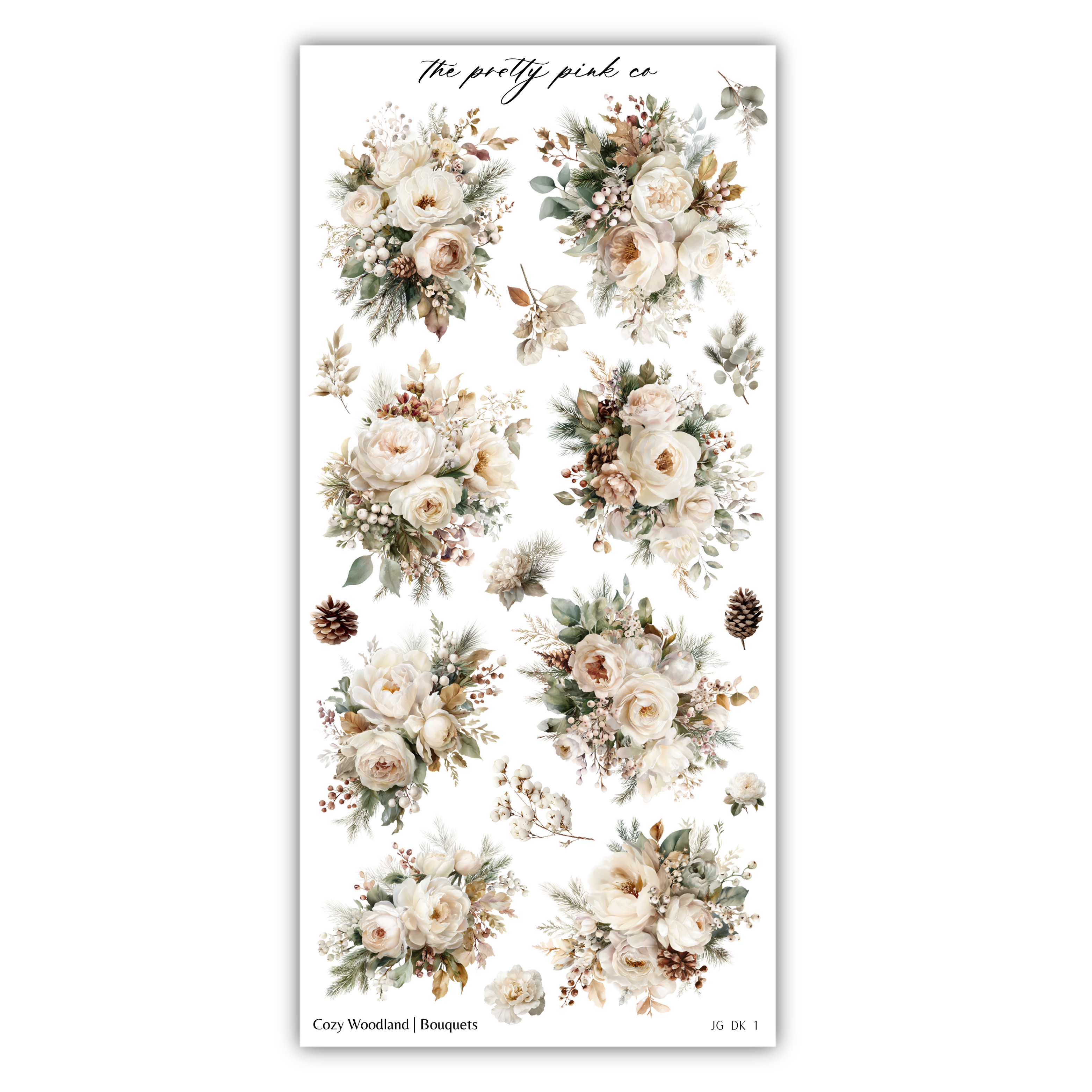 a collection of floral arrangements, including various bouquets of white and green flowers, pine cones, and pine needles. The image is a collage of multiple images, and it does not contain any text.