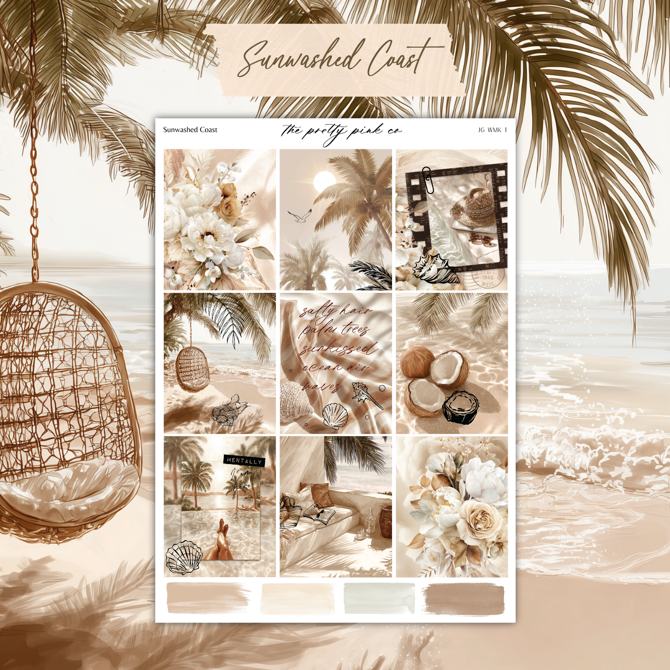 The image is a collage of various beach-themed images, including palm trees, flowers, and a hanging chair, all set against a beach backdrop.