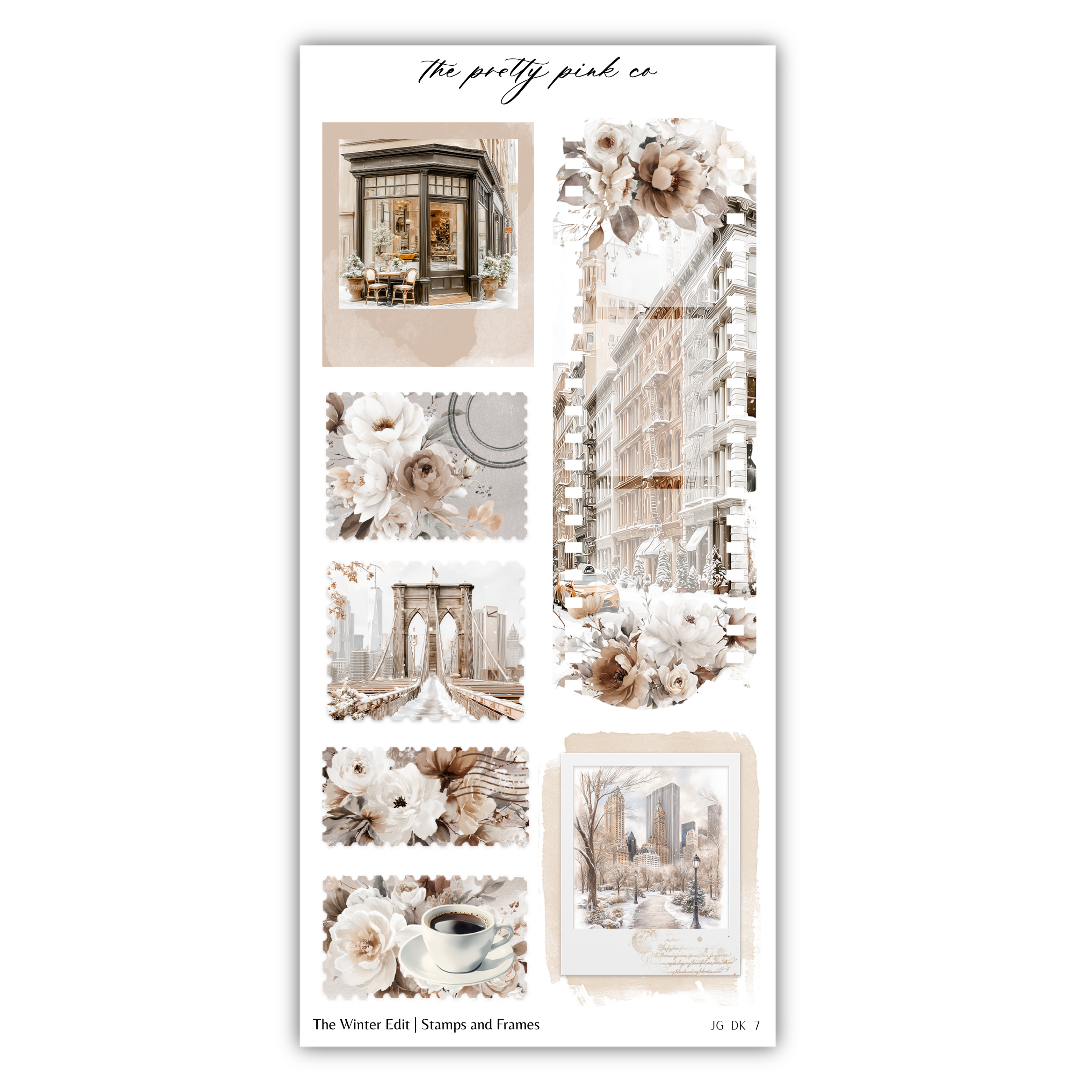 The image is a collage of various artistic and architectural elements, including a building, flowers, and other decorative elements. The collage is titled "The pretty pink co" and includes stamps and frames.