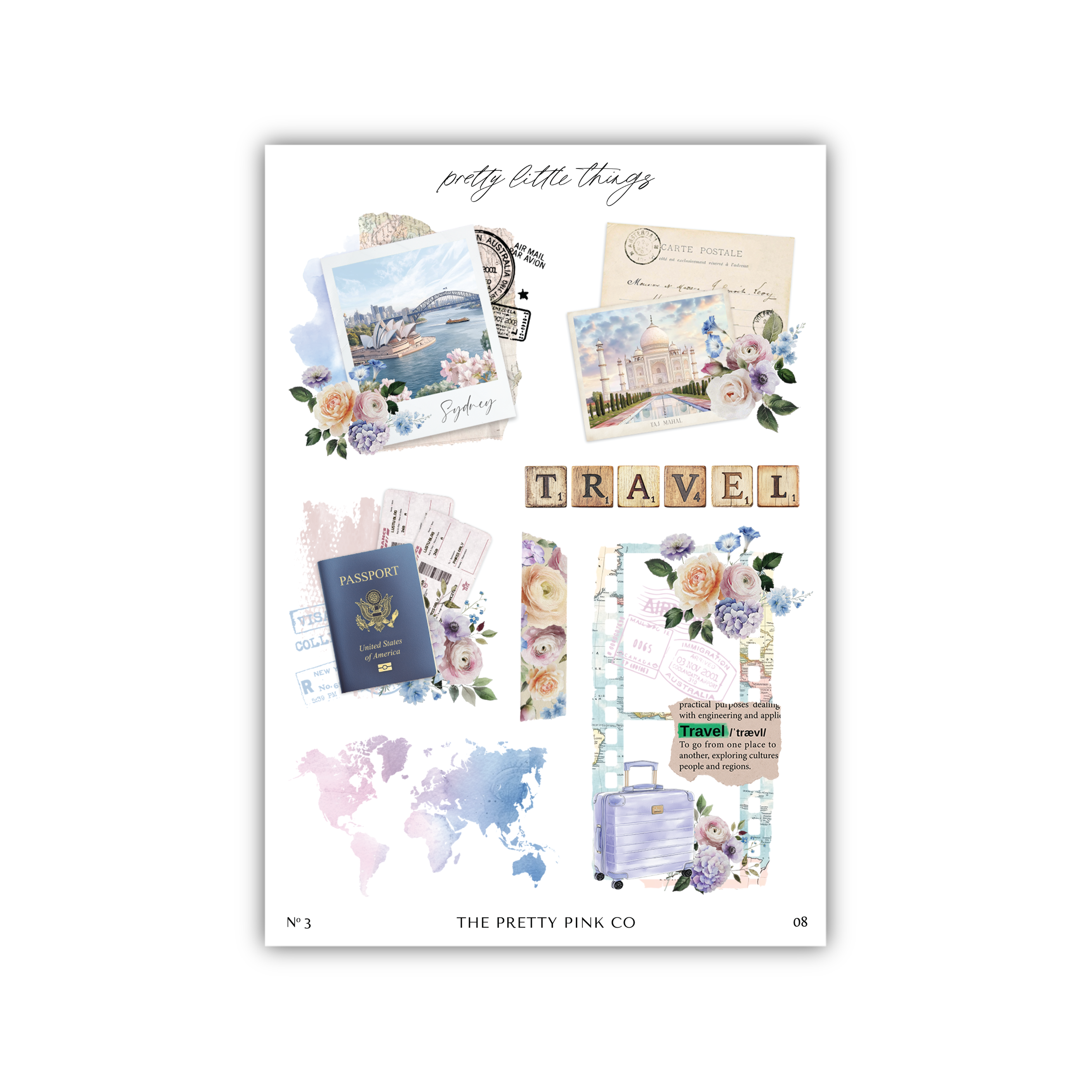 a travel sticker sheet with a passport, passport, and flowers