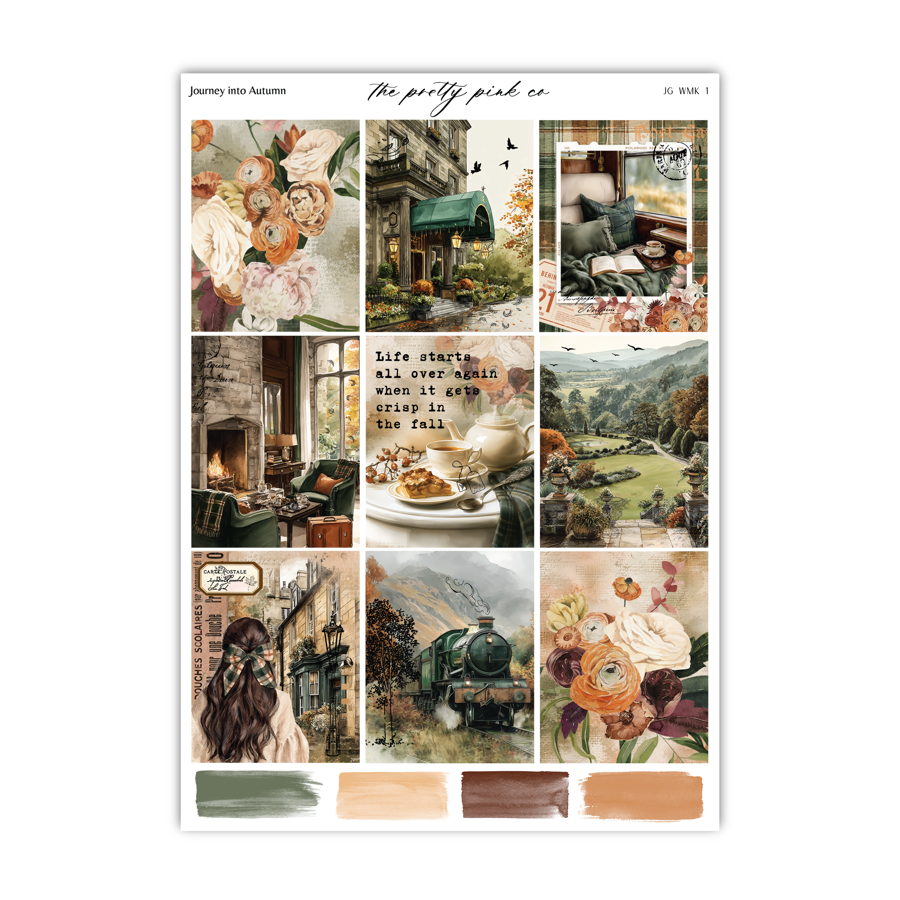 The image is a collage of various autumn-themed images, including flowers, a train, a cozy interior, and a scenic landscape.