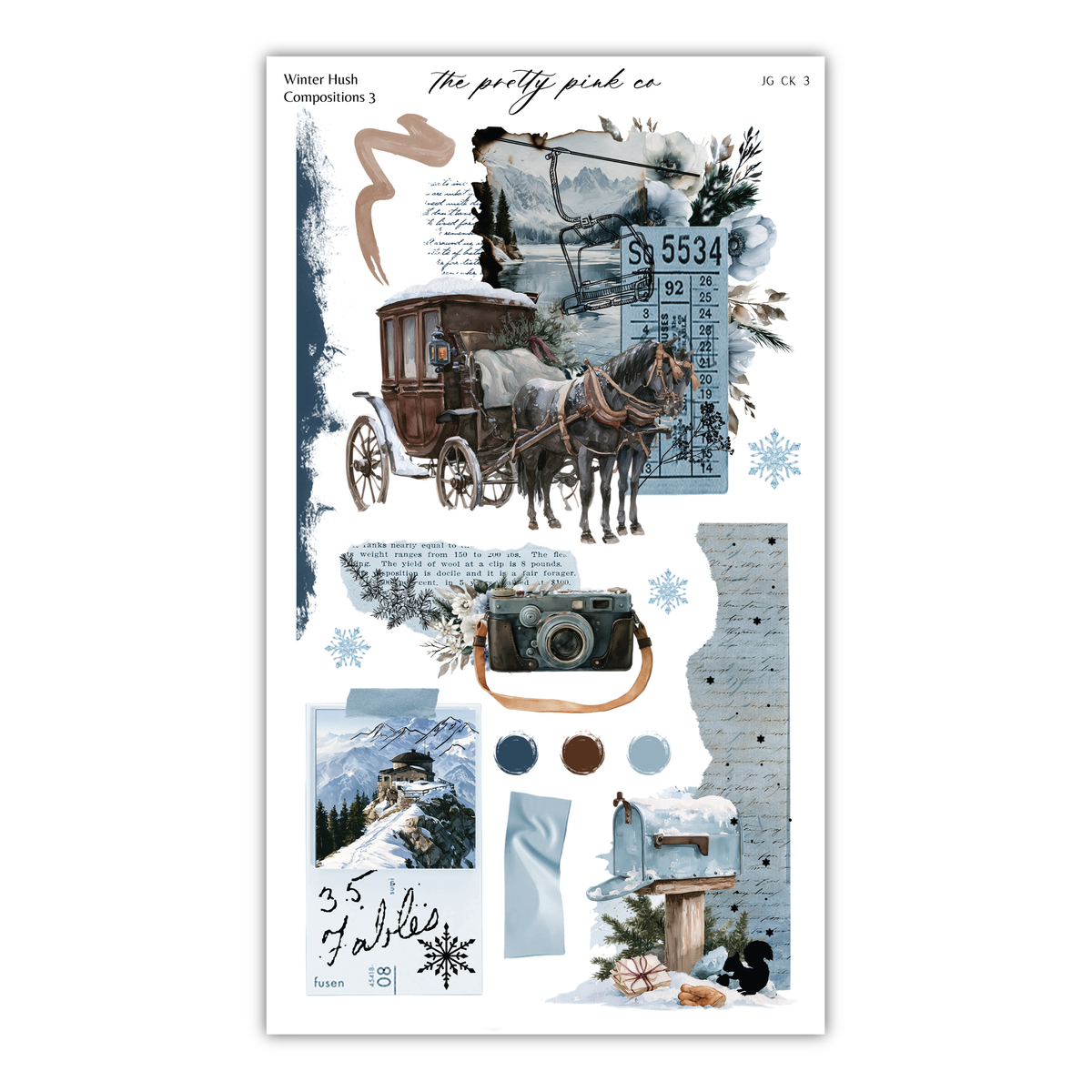 The image is a collage of various winter-themed elements, including a horse-drawn carriage, a cabin, a camera, snowflakes, and a mountain landscape. The collage is titled "The pretty pink co" and includes text such as "Winter Hush Composions 3", "35 Fleshes", and "JK CG 3".