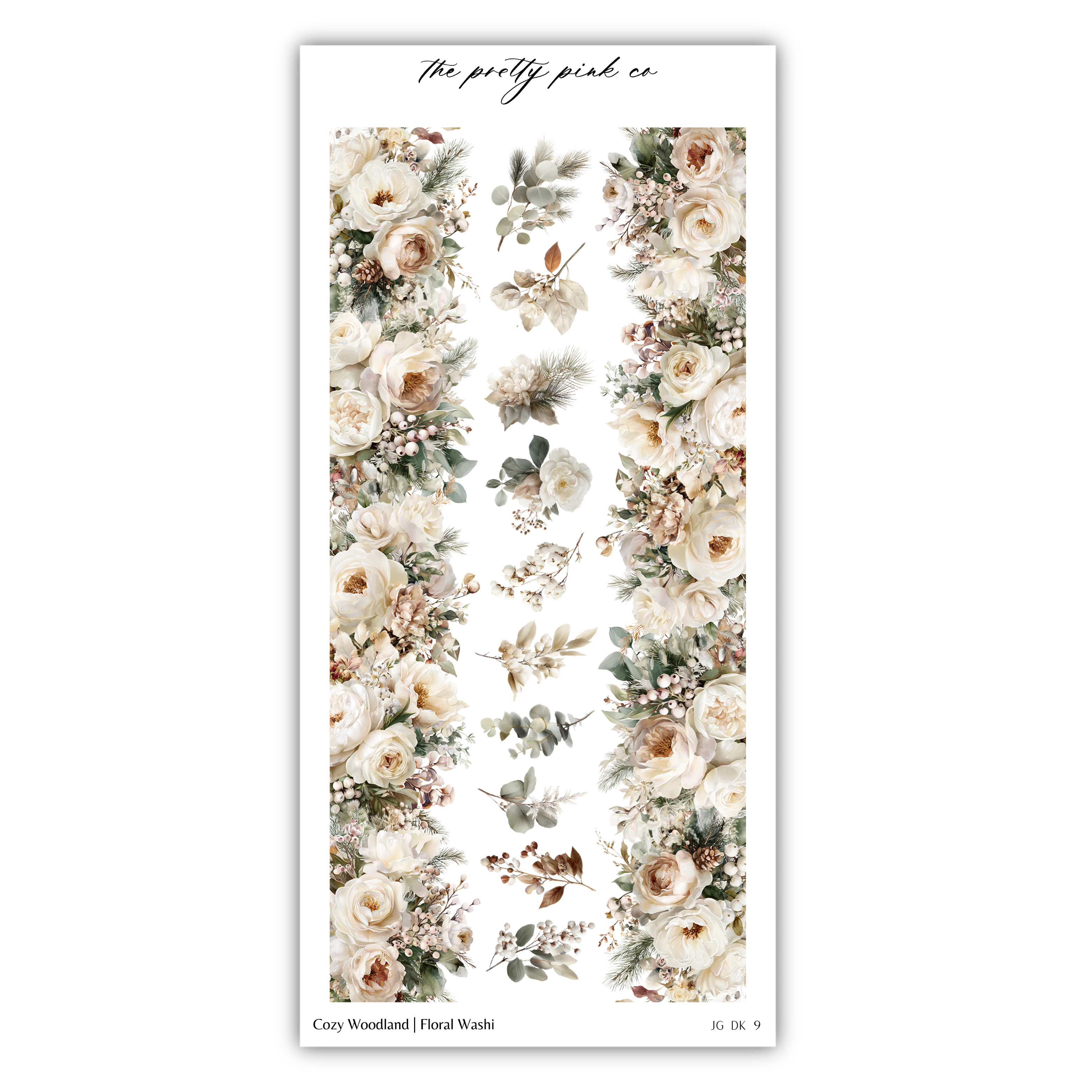 A vertical arrangement of white and green floral elements, including roses and greenery, against a white background.
