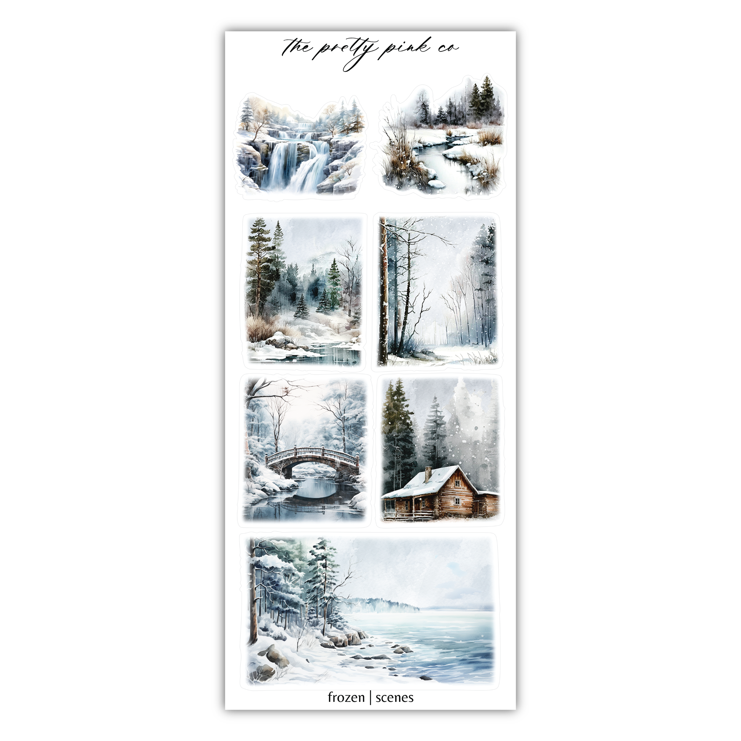 a set of four stickers with a winter scene