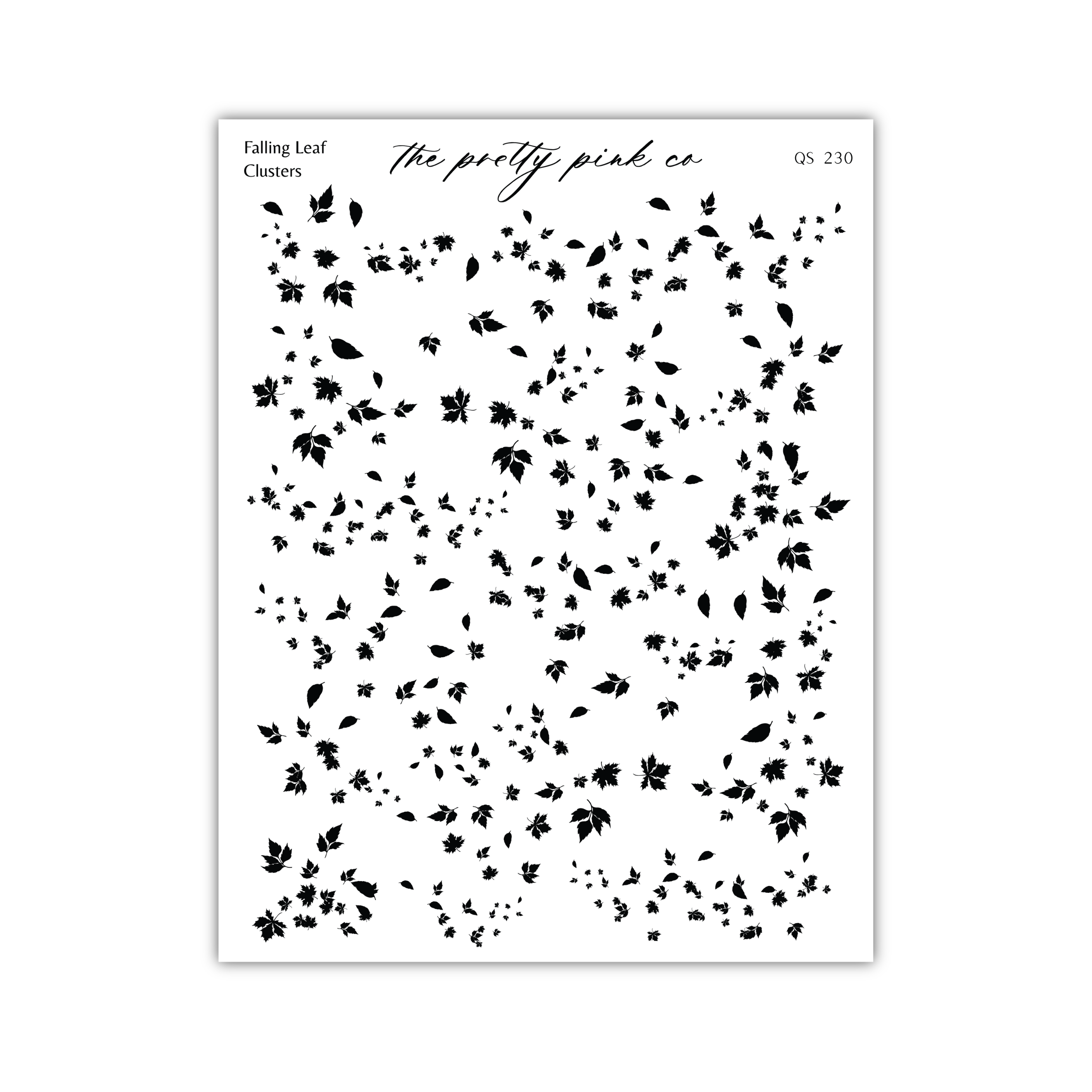 a collection of black leaf-like shapes scattered across a white background.