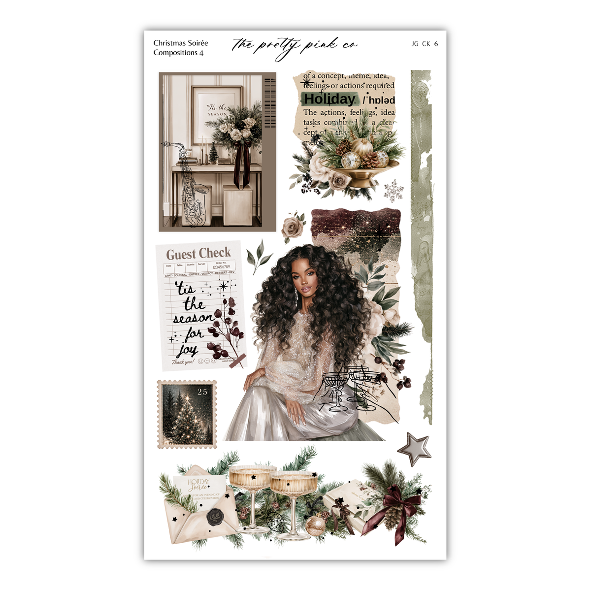 The image is a collage of various Christmas-themed elements, including a woman with long curly hair, a framed picture, a vase of flowers, and other holiday-related items. The collage appears to be a creative and visually appealing arrangement of these elements, possibly intended for a Christmas-themed sticker or decal.