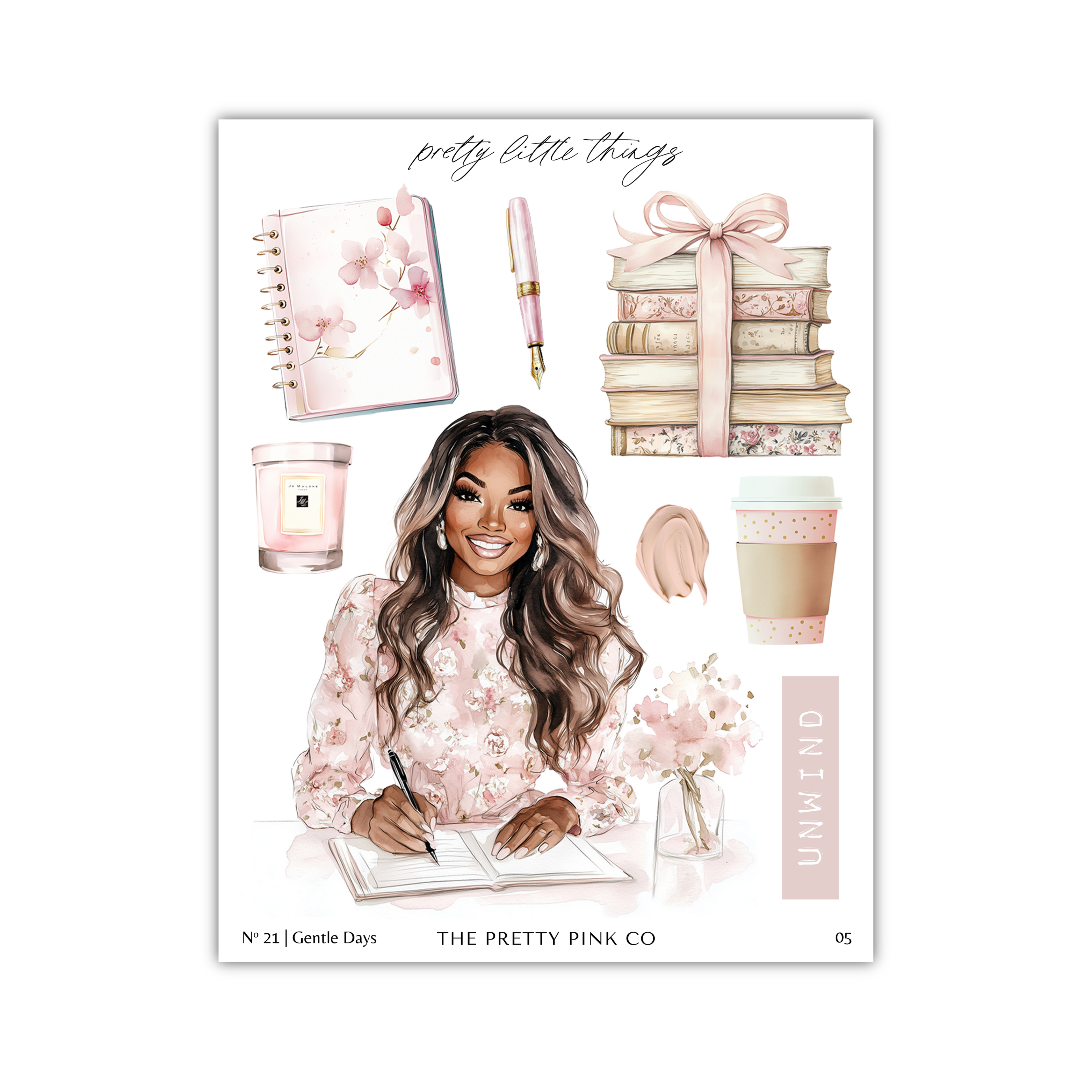 The image is a collage of various pink-themed items, including a notebook, a stack of books, a candle, a cup, and a vase, along with a smiling woman sitting at a desk and writing in a notebook.