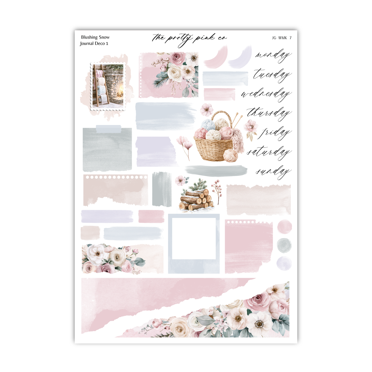The image is a collage of various floral and decorative elements, including a basket of flowers, a floral pattern, and a watercolor painting. The collage is organized into different sections, each containing a different image or element. The overall color palette of the collage is predominantly pink and blue, with some gray and white accents. The collage appears to be a creative and artistic arrangement of these elements, possibly intended for use in a journal or other creative project.